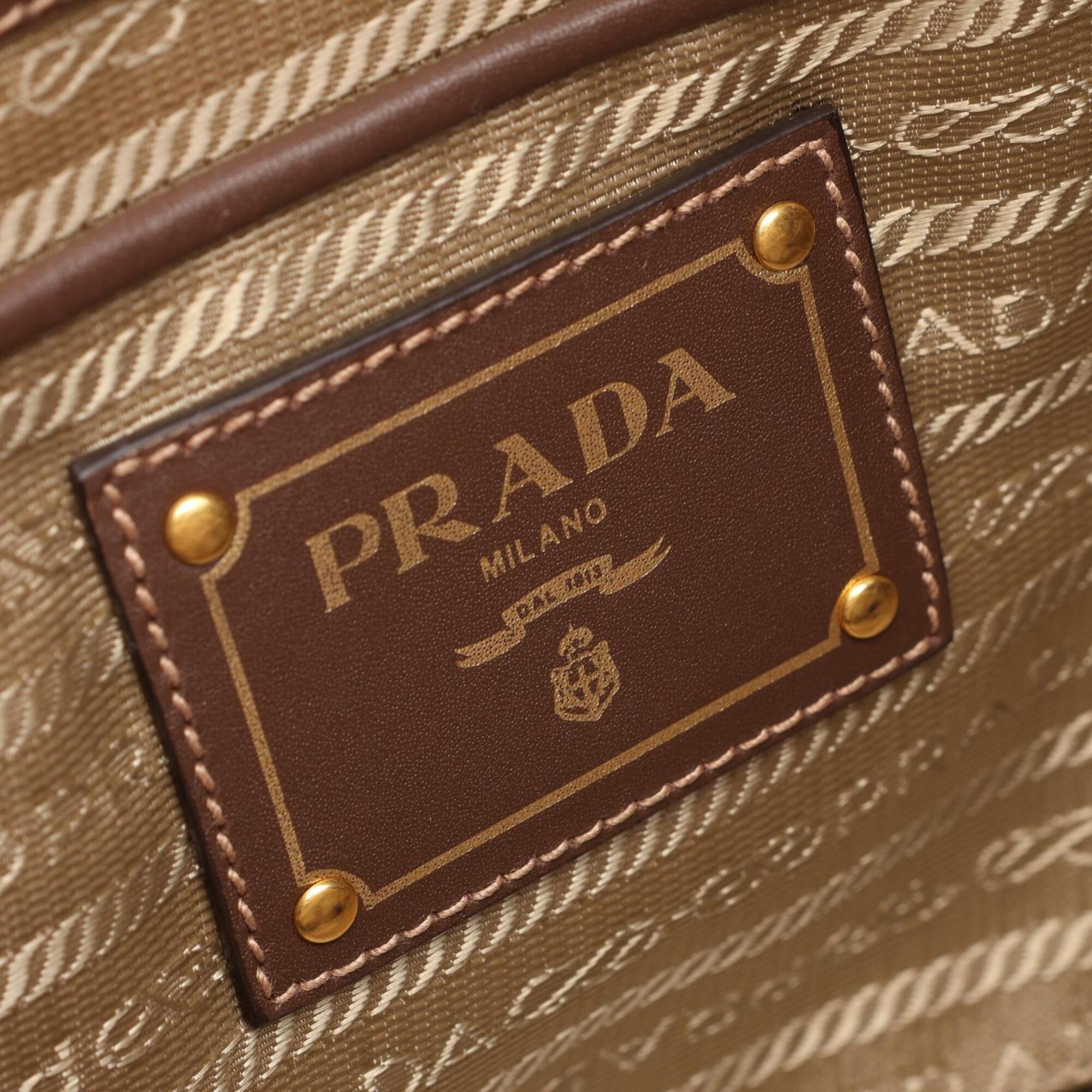 Prada Beige Brown Canvas Leather Handbag Tote Bag (Pre-Owned)