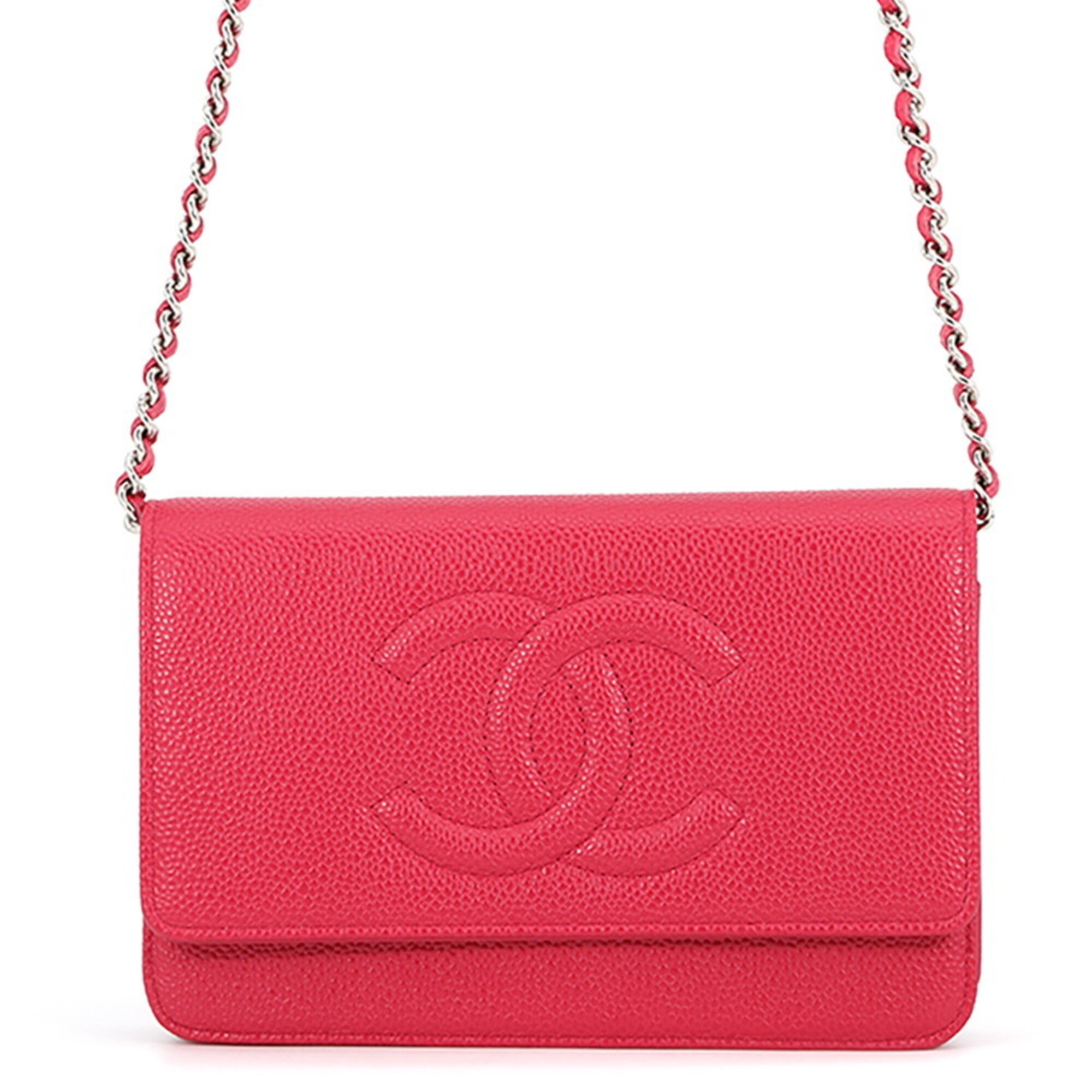 Chanel Red Color Grained Calfskin Chain/Shoulder Wallet (Pre-Owned)