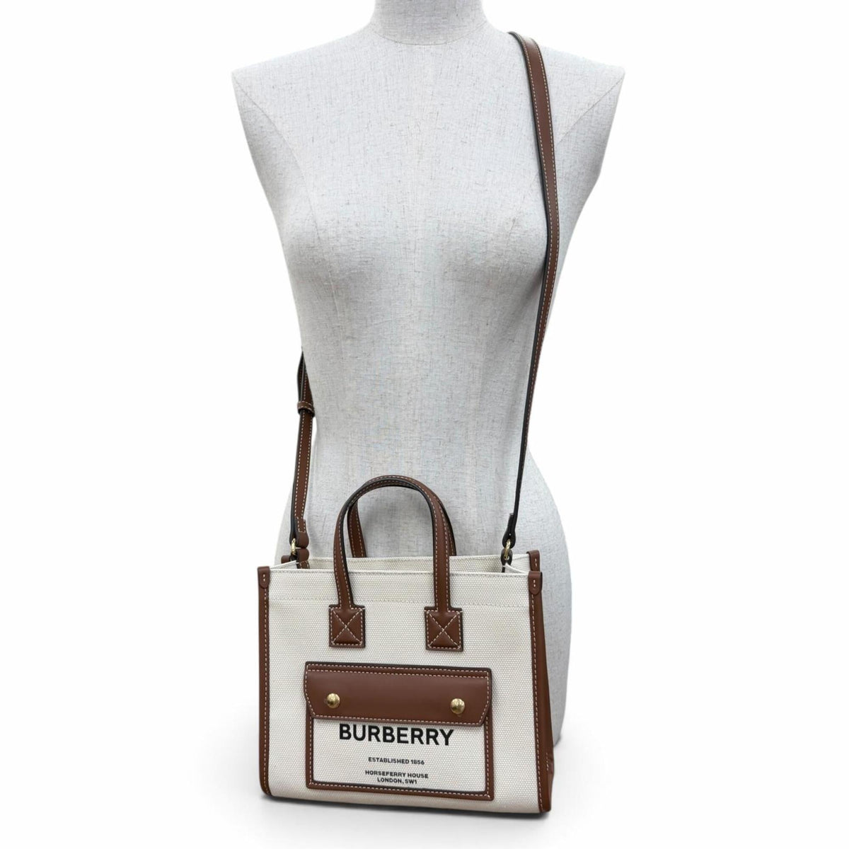 Burberry Brown Ivory Canvas Leather Shoulder Bag Tote Bag (Pre-Owned)