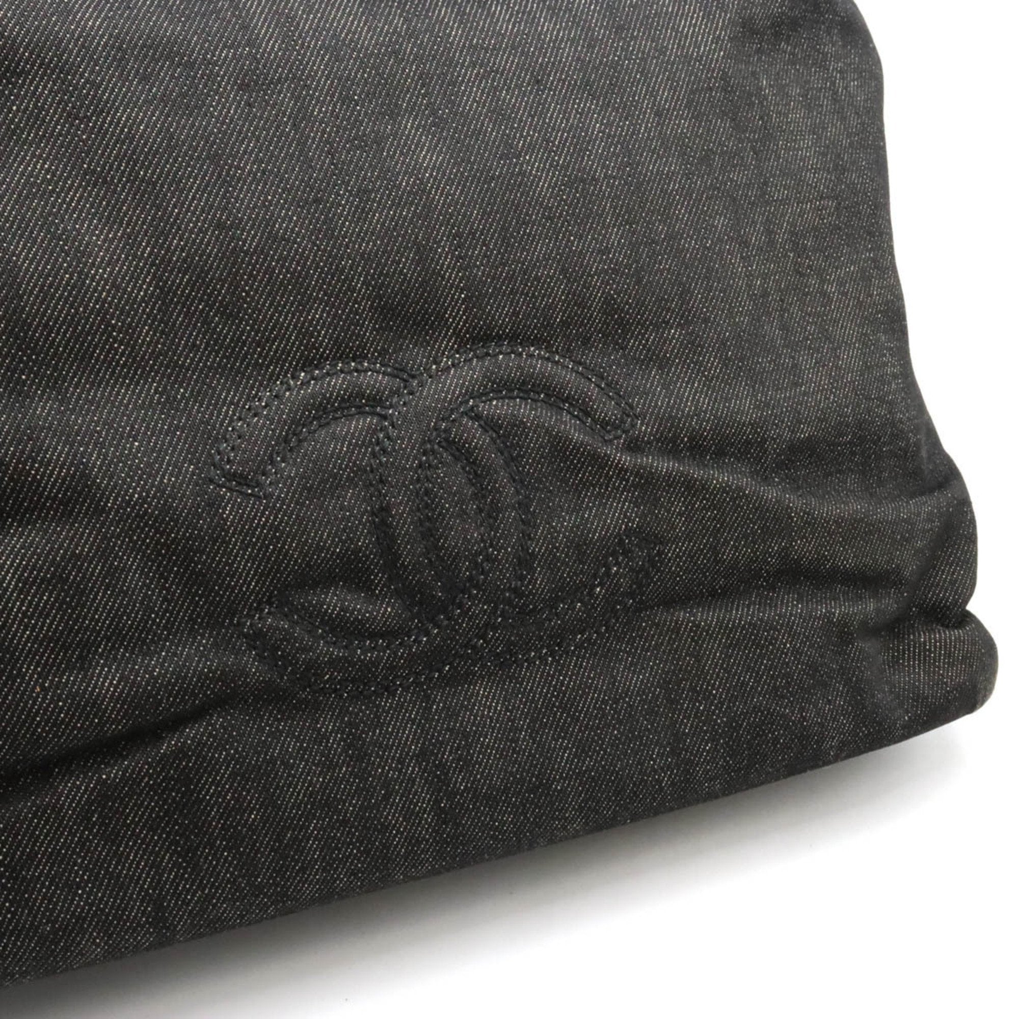 Chanel Denim Black Dark Brown Denim Leather Shoulder Bag Tote Bag (Pre-Owned)