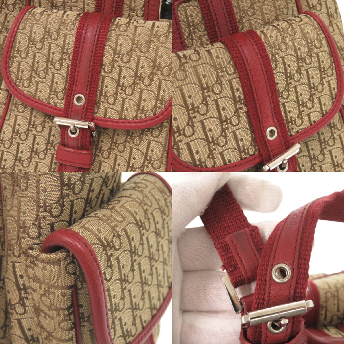 Christian Dior Beige Red Color Leather Canvas Handbag Shoulder Bag (Pre-Owned)