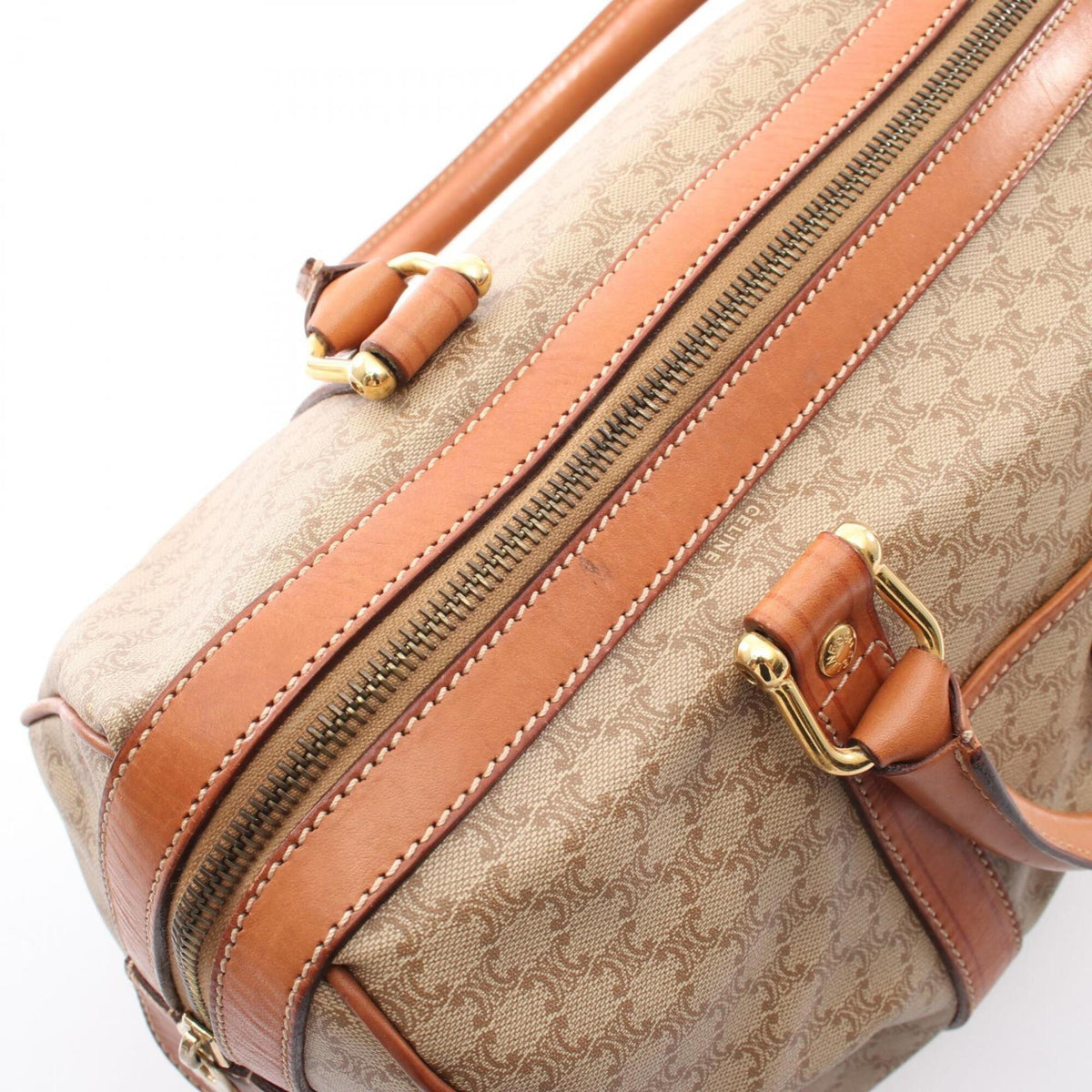 Celine Beige Brown Coated Canvas Leather Boston Bag Handbag (Pre-Owned)