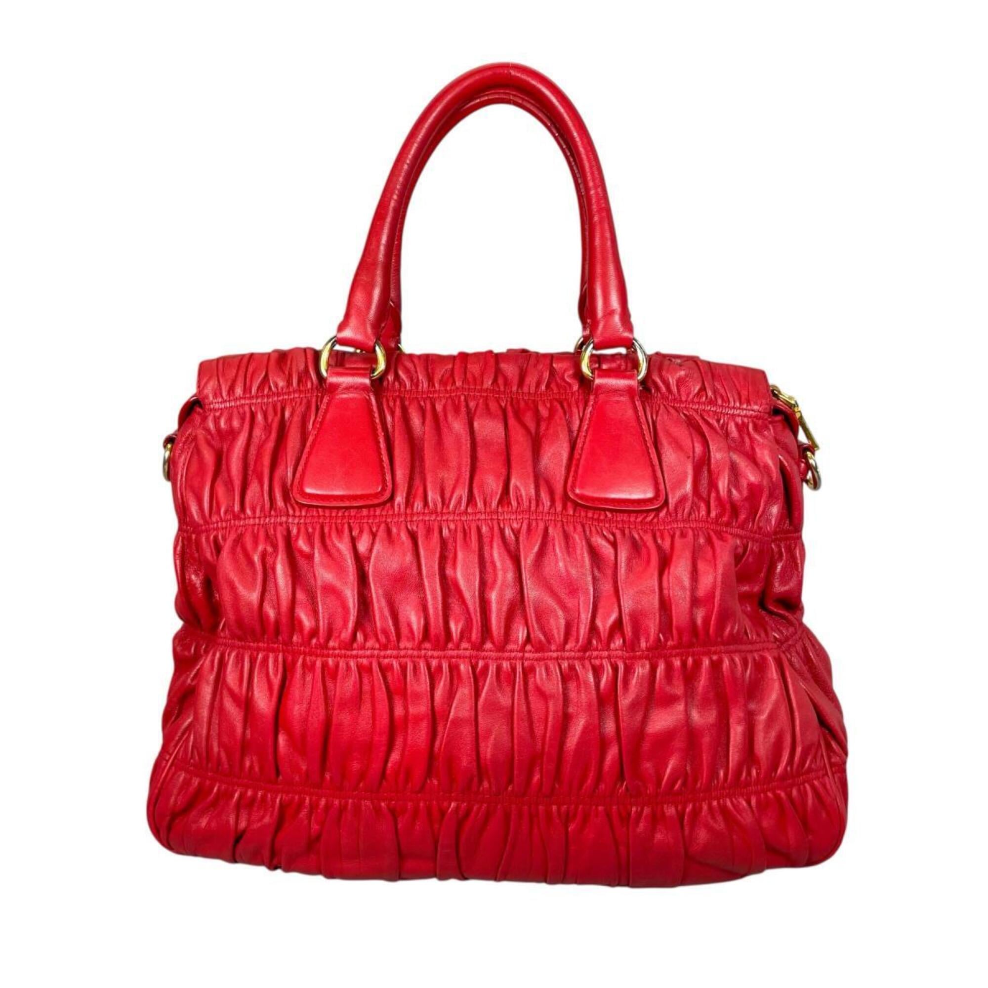 Prada Red Color Nappa Leather Shoulder Bag Tote Bag (Pre-Owned)