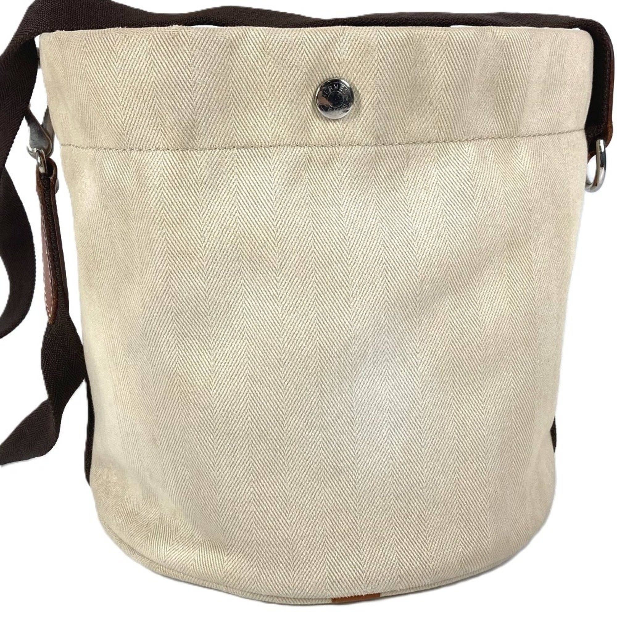 Hermes Beige Leather Canvas Handbag Shoulder Bag (Pre-Owned)