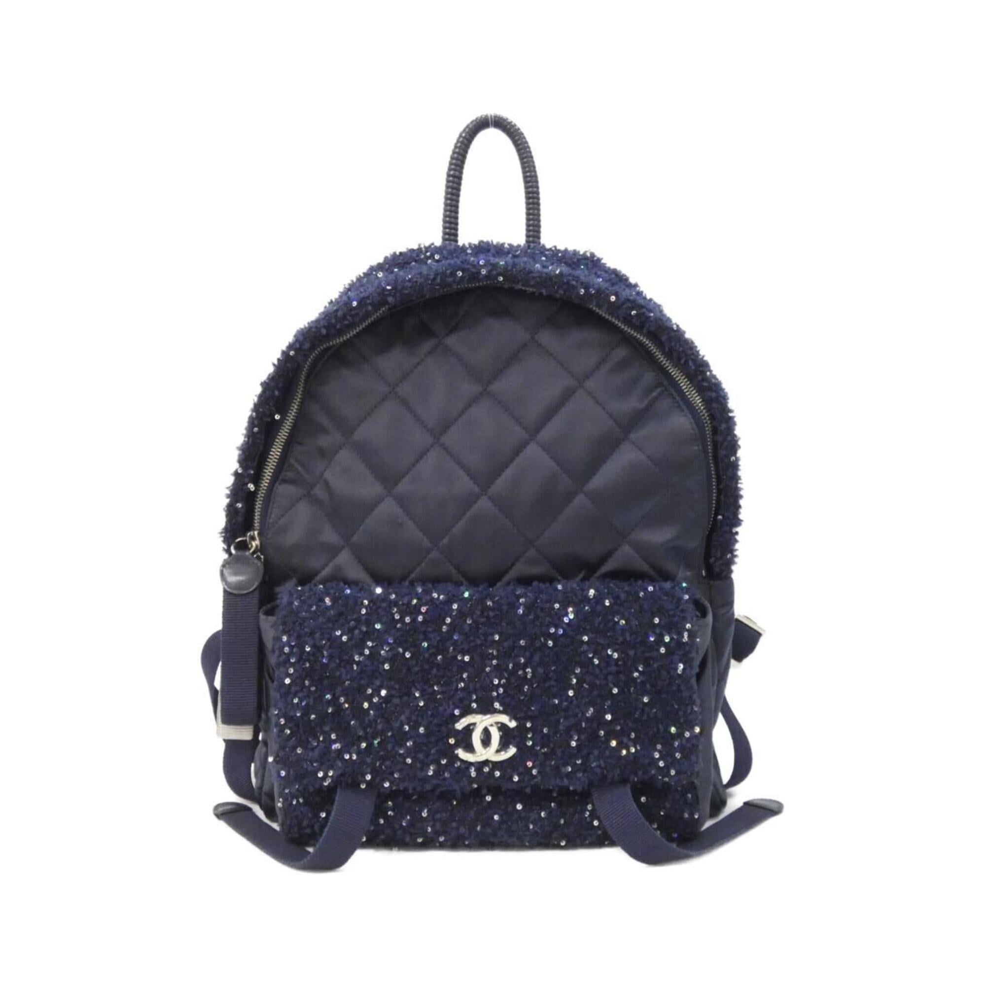 Chanel Navy Tweed Spandex Nylon Leather Backpack (Pre-Owned)