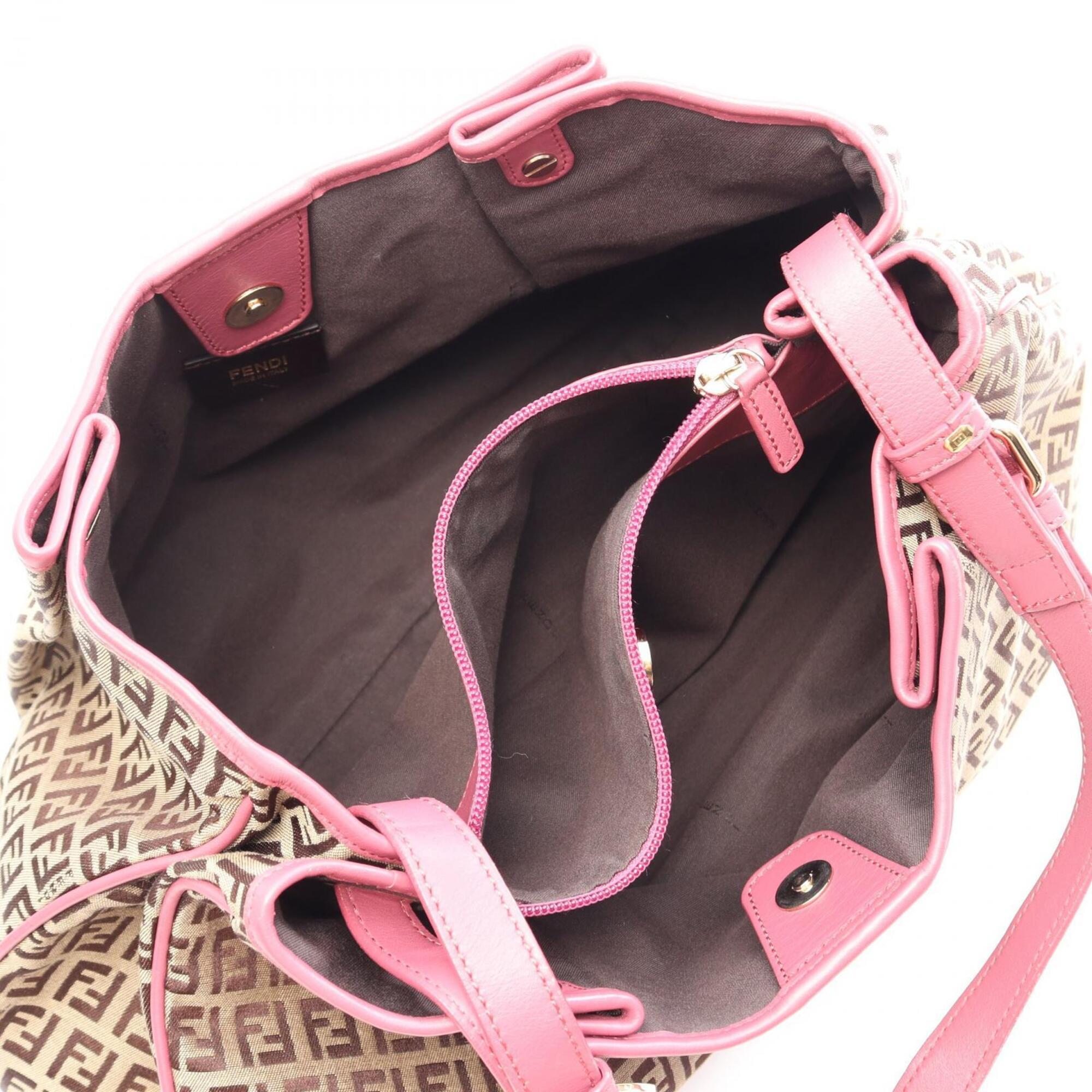 Fendi Beige Pink Canvas Leather Handbag Shoulder Bag (Pre-Owned)