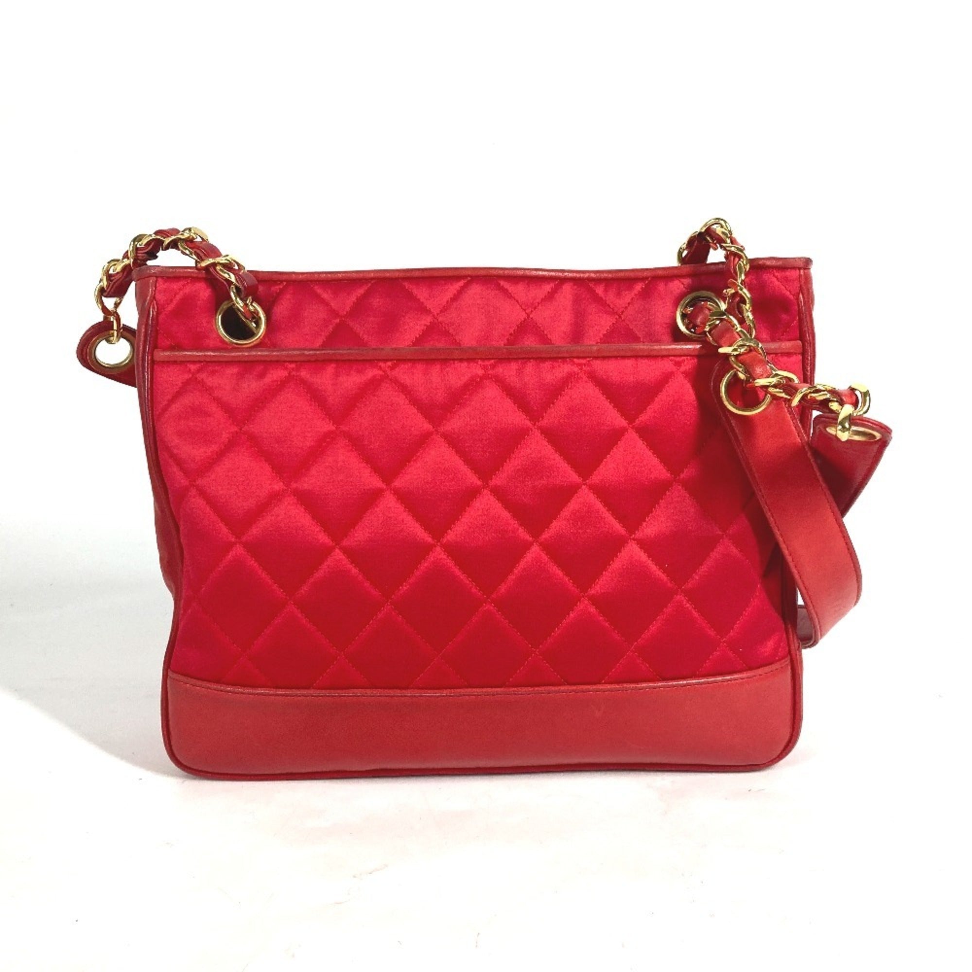 Chanel Red Color Satin Leather Shoulder Bag Tote Bag (Pre-Owned)