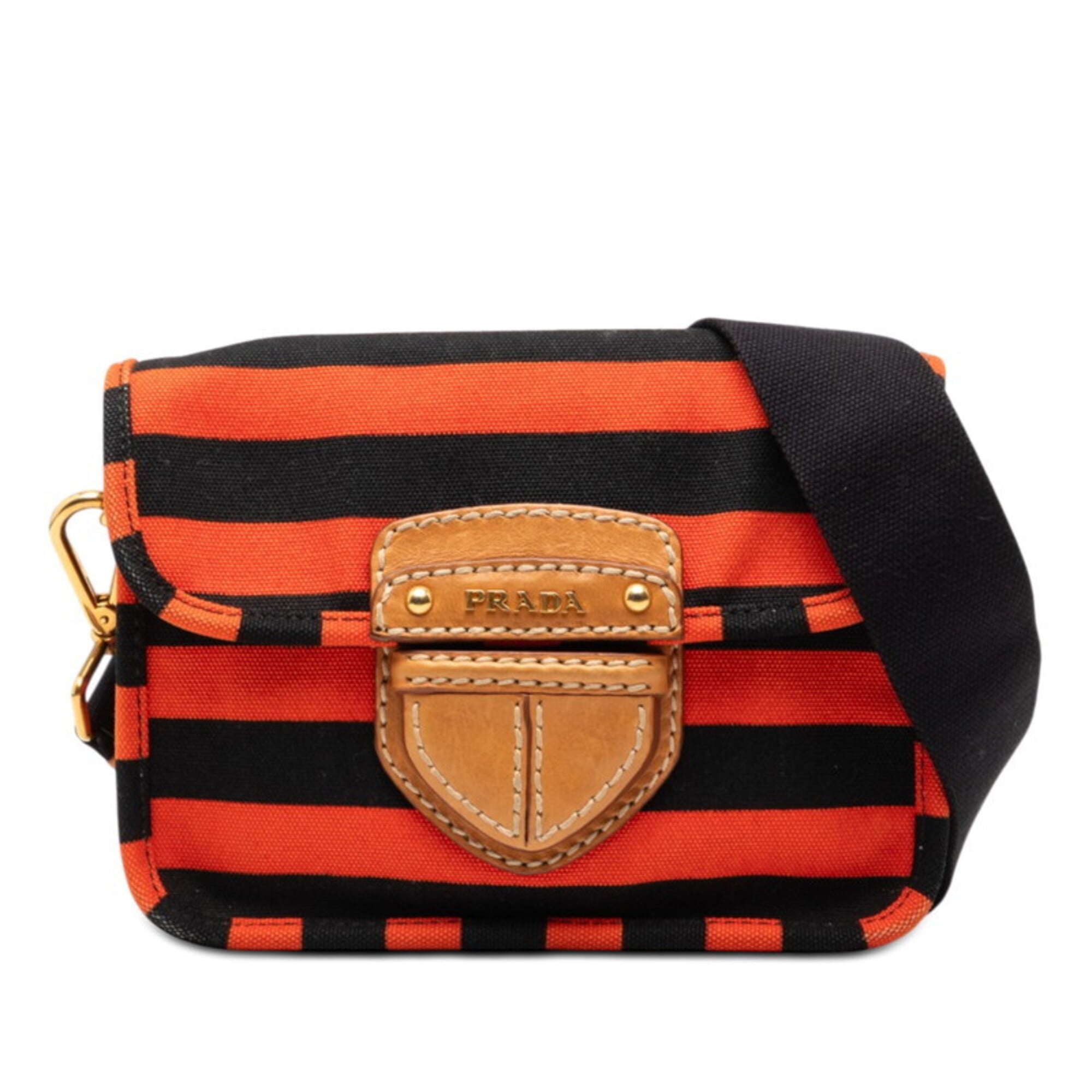 Prada Canapa Black Orange Canvas Leather Shoulder Bag (Pre-Owned)
