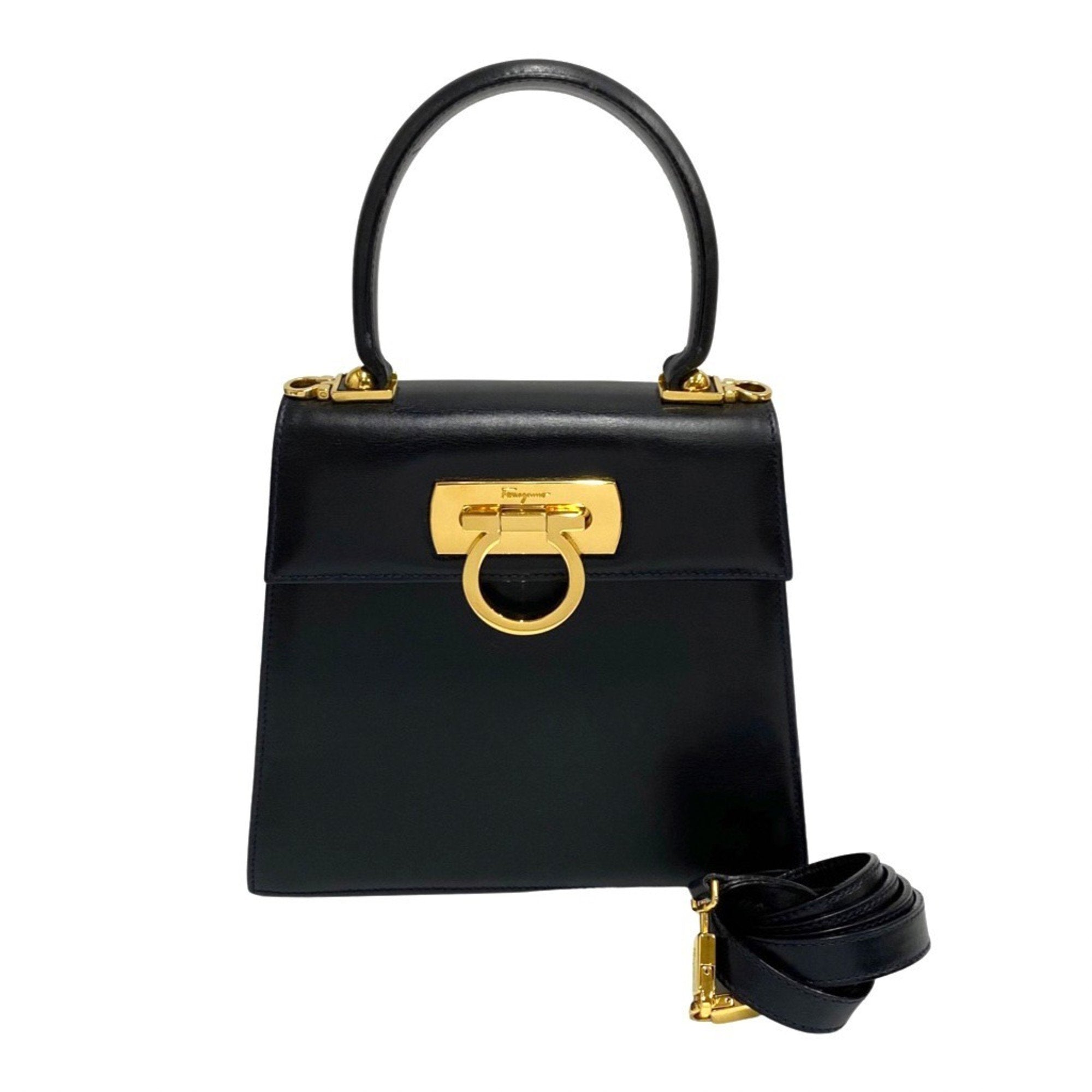 Salvatore Ferragamo Gancini Gold Navy Leather Handbag Shoulder Bag (Pre-Owned)