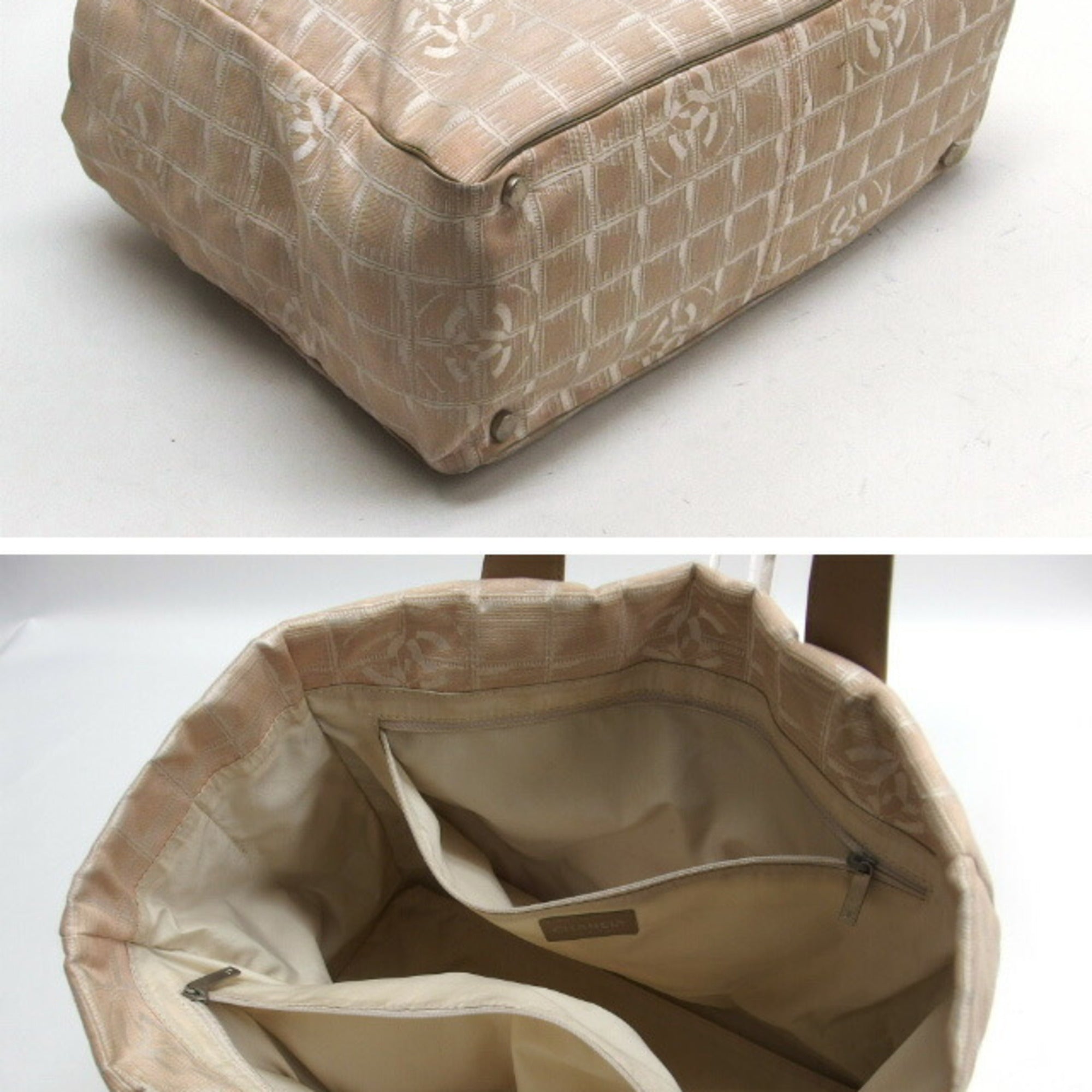 Chanel Beige Nylon Jacquard Leather Handbag Tote Bag (Pre-Owned)
