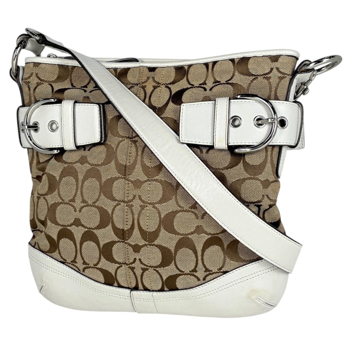 Coach Signature Beige White Signature Line Leather Shoulder Bag (Pre-Owned)