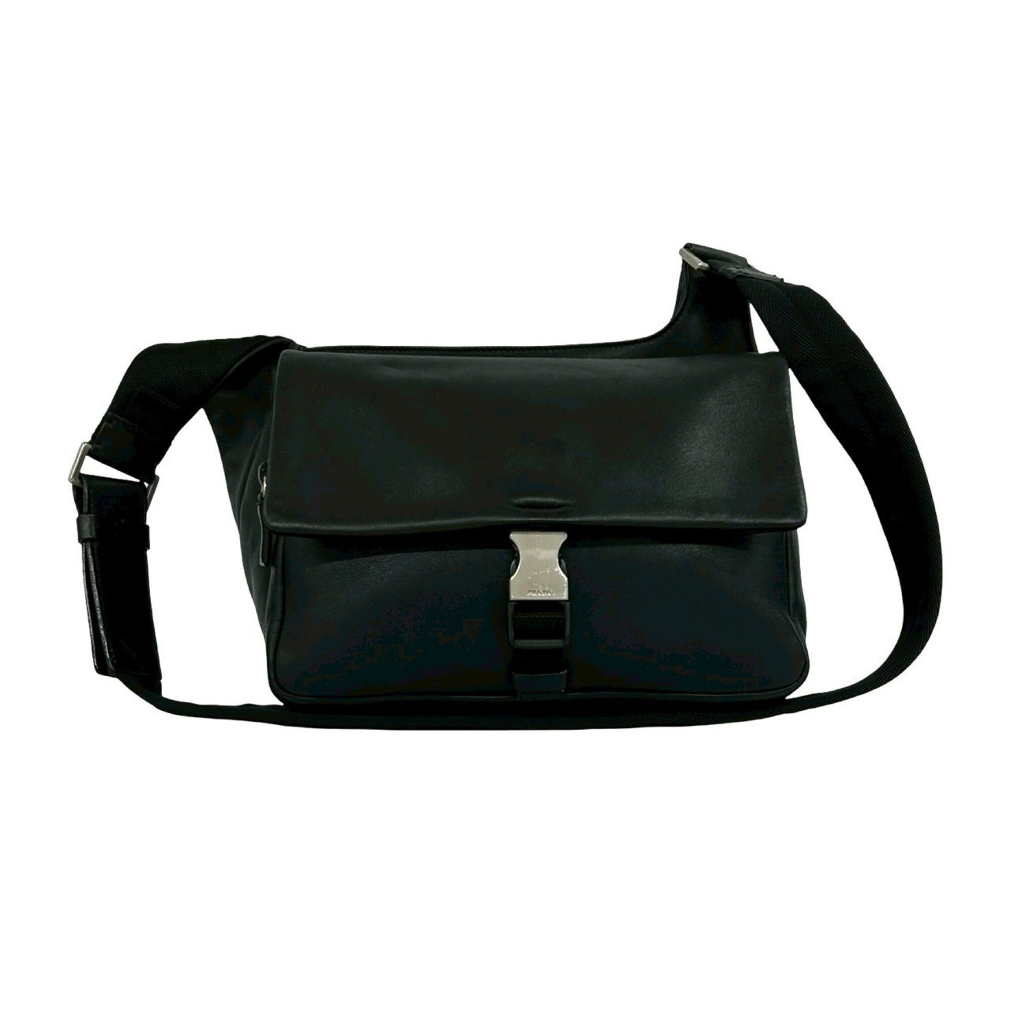 Prada Black Leather Nylon Pochette Shoulder Bag Sling Bag (Pre-Owned)