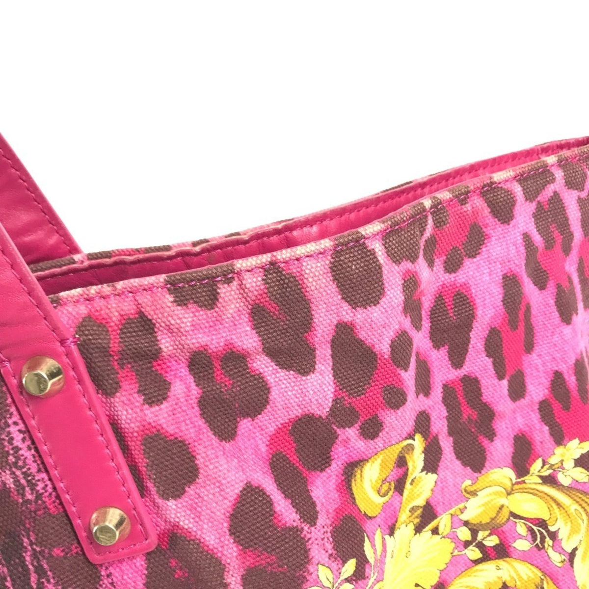 Versace Pink Yellow Leather Canvas Shoulder Bag Tote Bag (Pre-Owned)