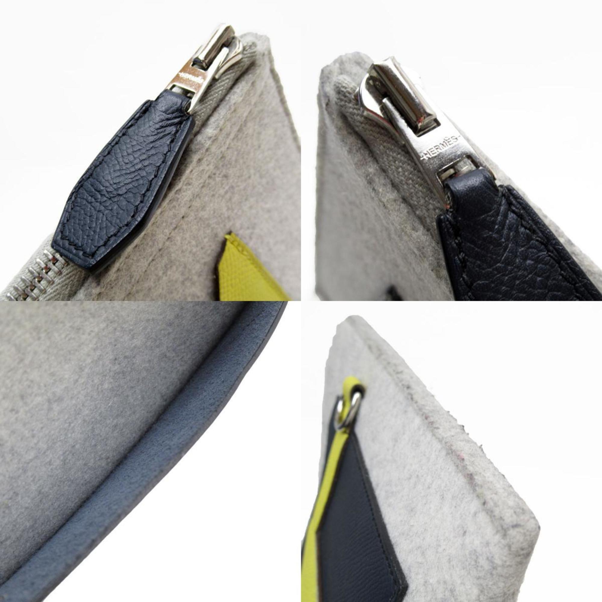 Hermes Light Gray Navy Yellow Felt Epsom Leather Clutch Bag (Pre-Owned)