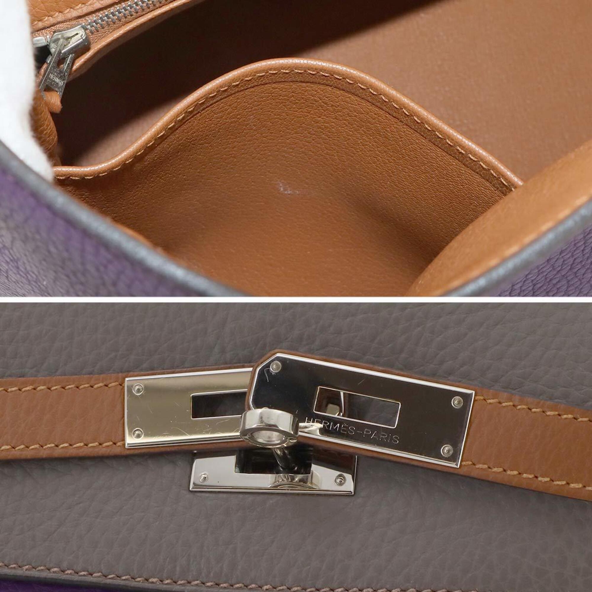 Hermes Blue Lin Blue Obscurs Brown Etain Etoupe Gray Taurillon Clemence Leather Handbag (Pre-Owned)