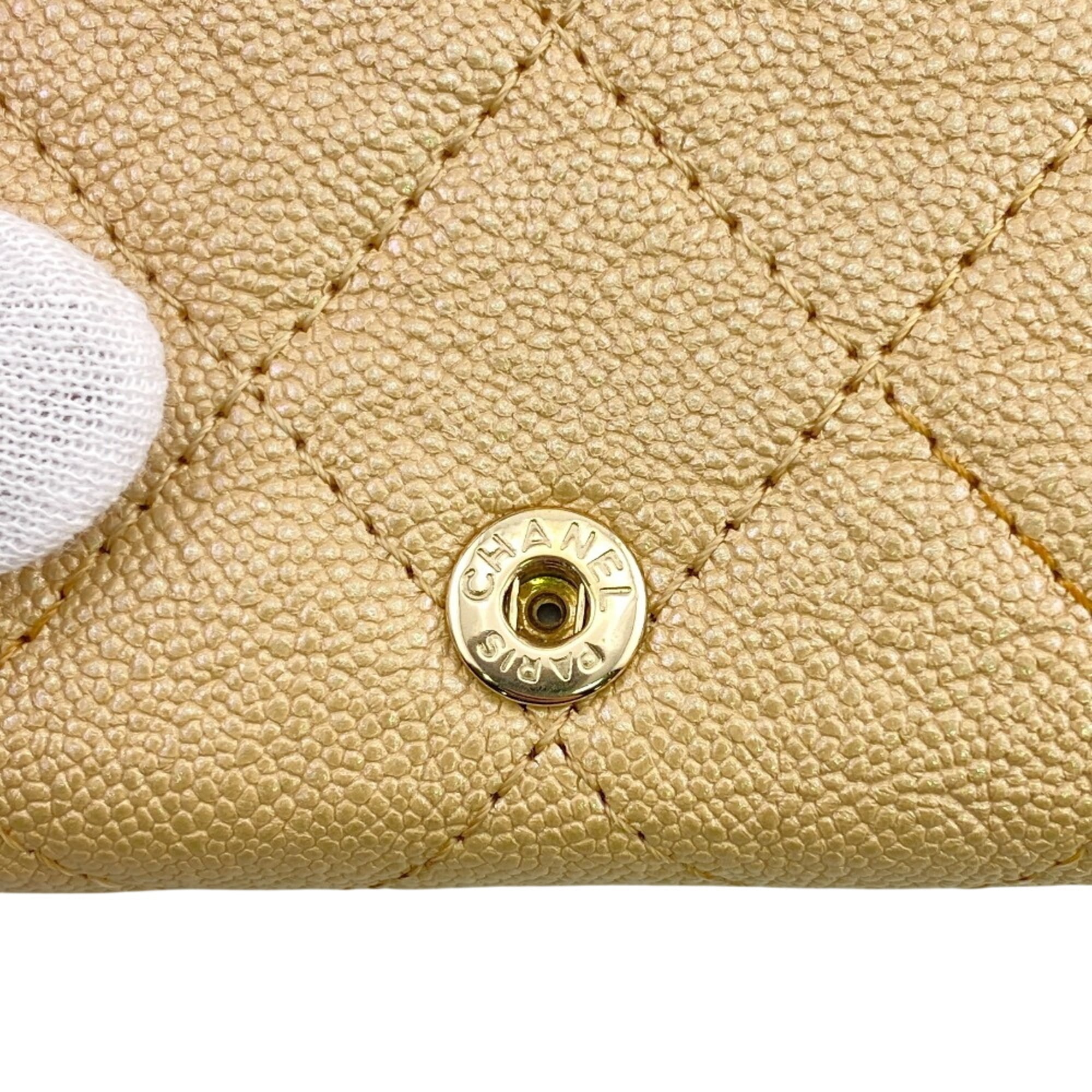 Chanel Beige Beige Gold Grained Calfskin Leather Wallet (Tri-Fold) (Pre-Owned)