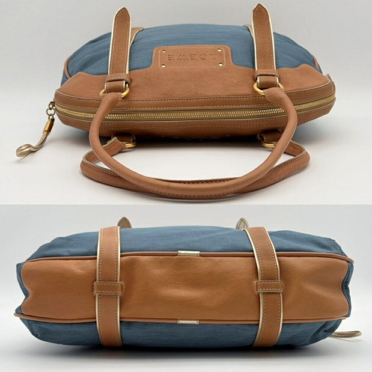 Loewe Beige Blue Nylon Leather Boston Bag Tote Bag (Pre-Owned)