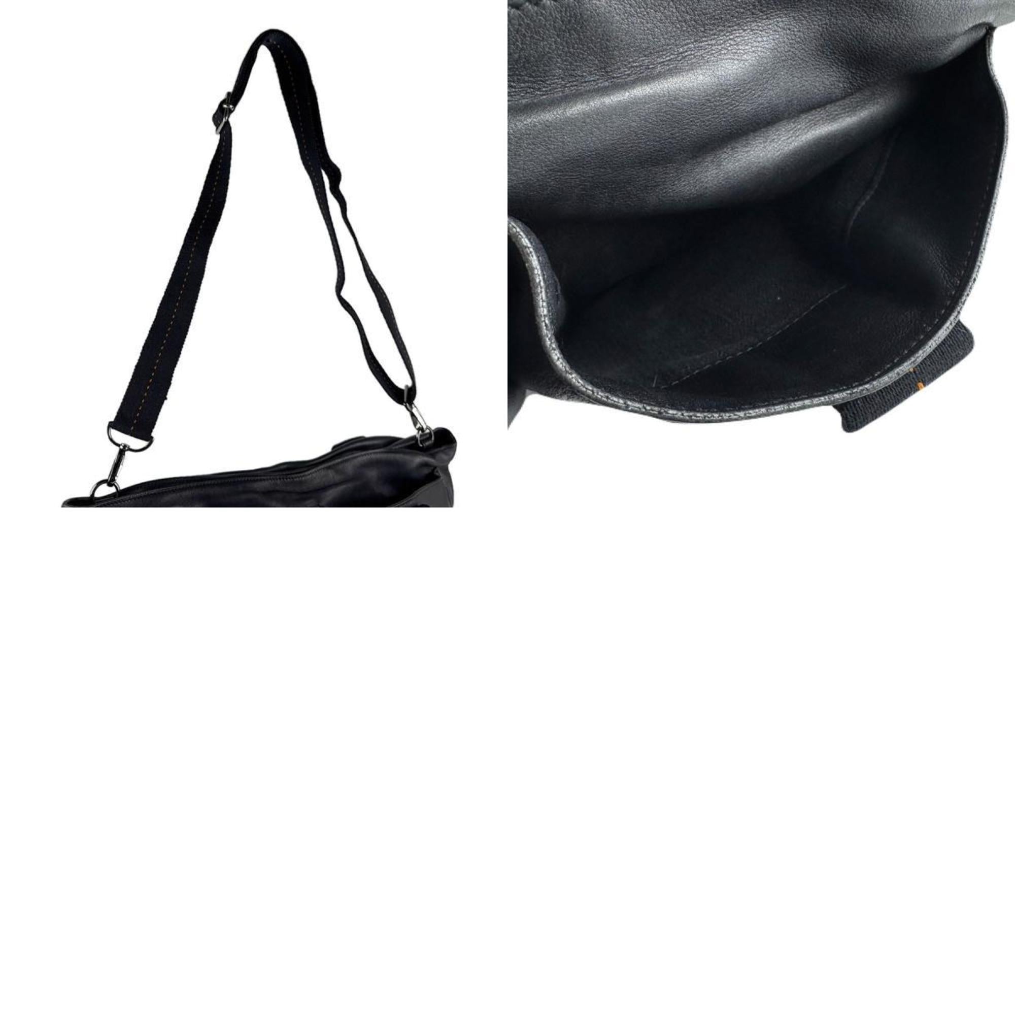Hermes Black Leather Cotton Handbag Shoulder Bag (Pre-Owned)