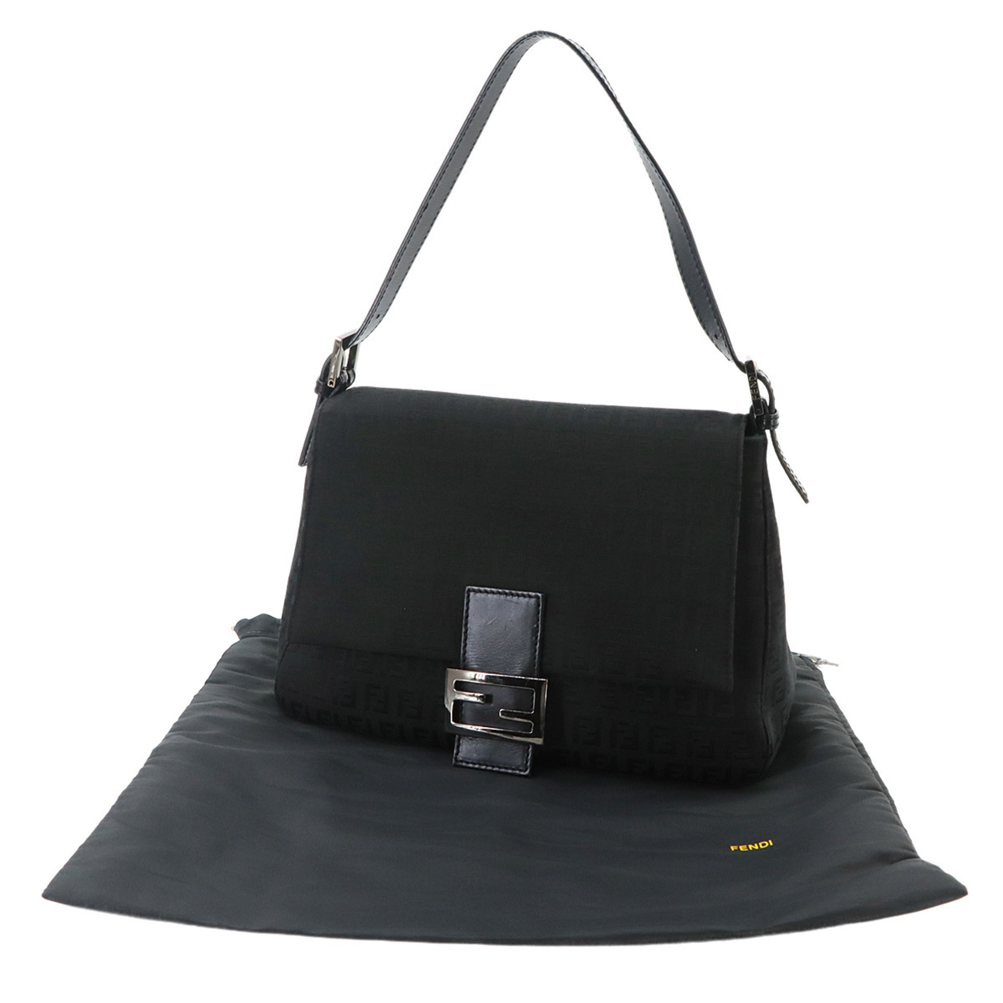 Fendi Zucchino Black Canvas Leather Baguette Bag Handbag Shoulder Bag (Pre-Owned)