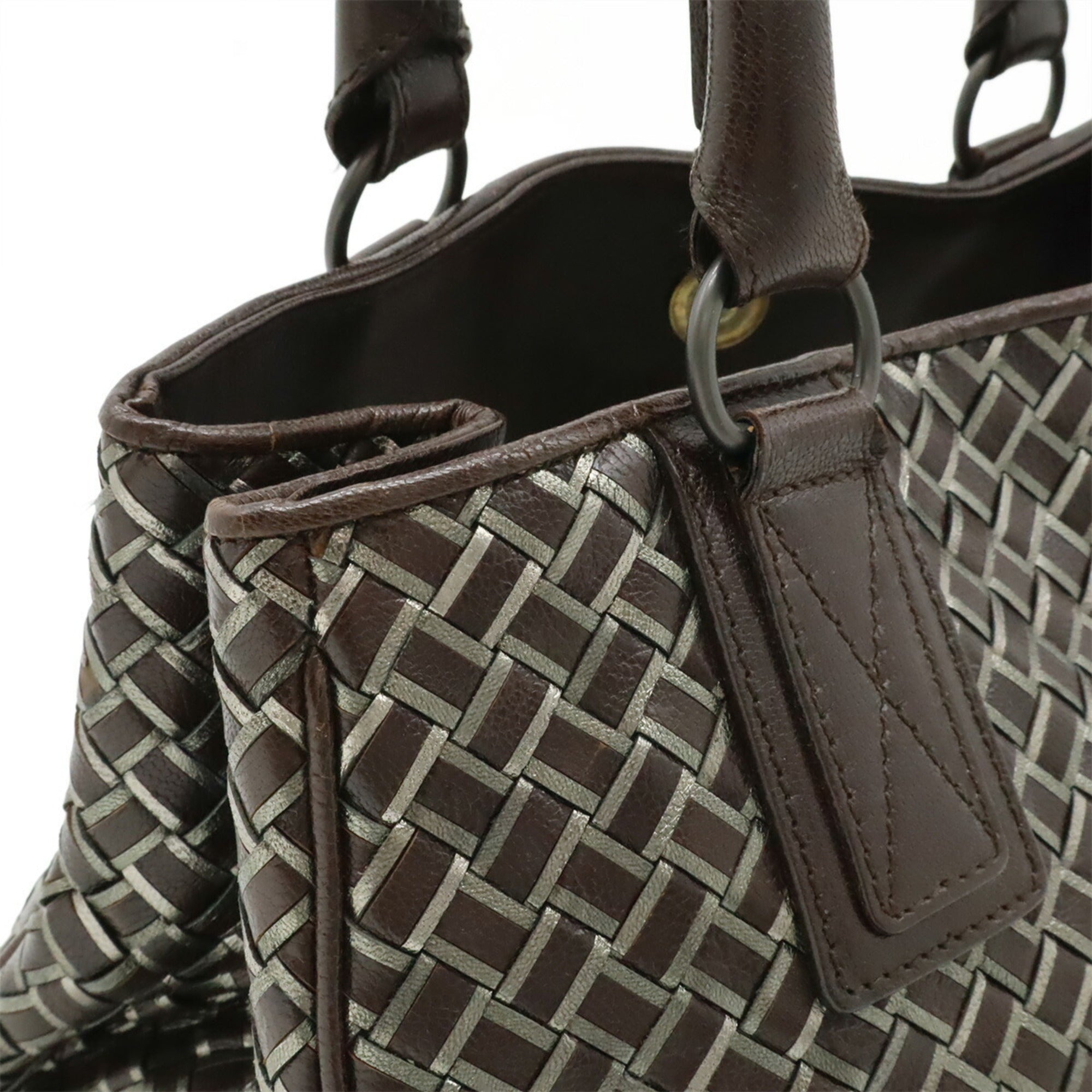 Bottega Veneta Intrecciato Dark Brown Silver Leather Handbag (Pre-Owned)