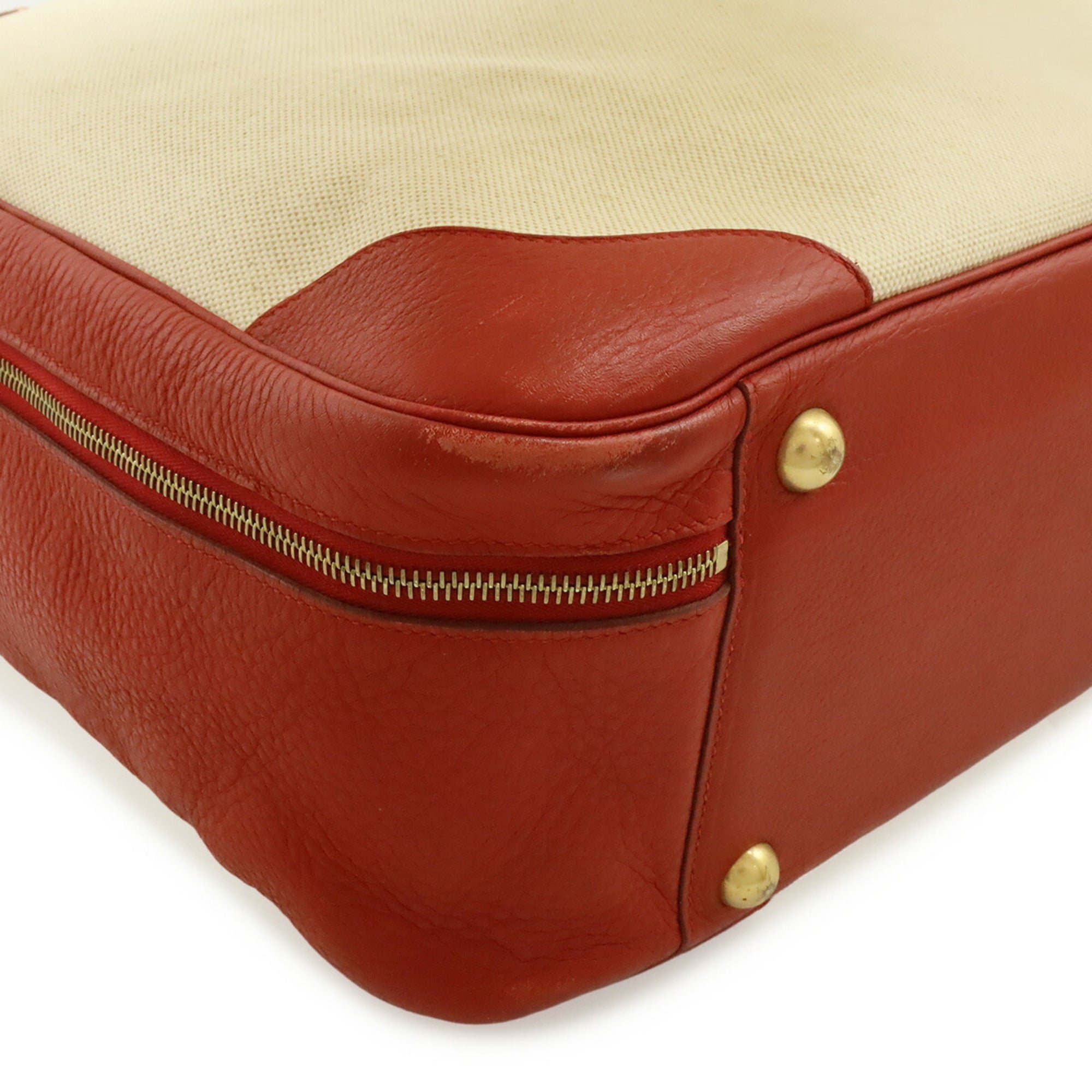 Hermes Natural Red Color Toile H Taurillon Clemence Leather Boston Bag (Pre-Owned)
