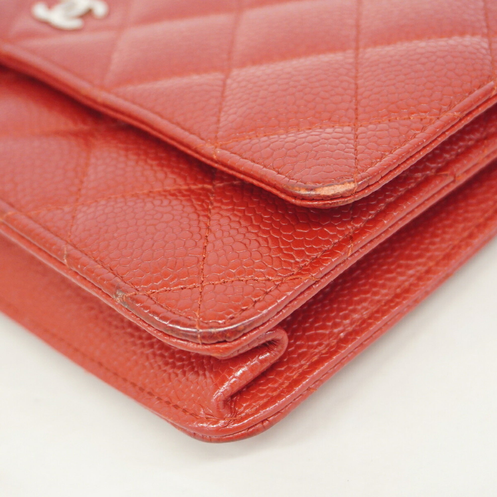 Chanel Red Color Grained Calfskin Chain/Shoulder Wallet (Pre-Owned)