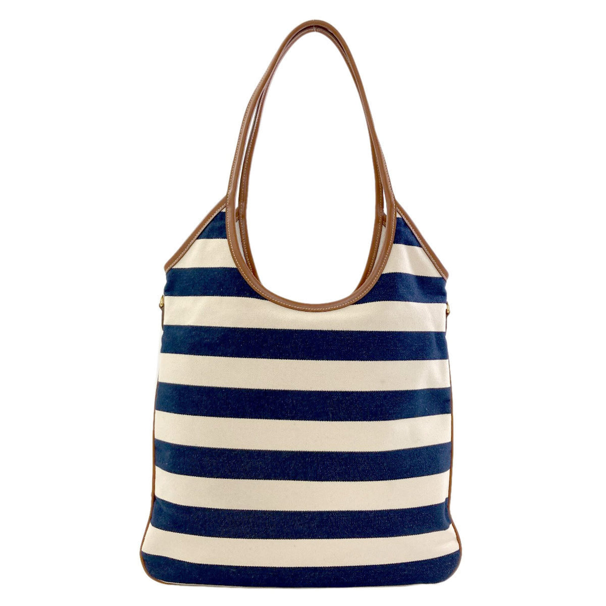 Miu Miu Brown Navy White Canvas Leather Tote Bag (Pre-Owned)