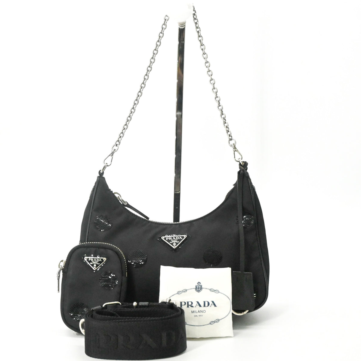 Prada Black Nylon Leather Spangles Handbag Shoulder Bag (Pre-Owned)