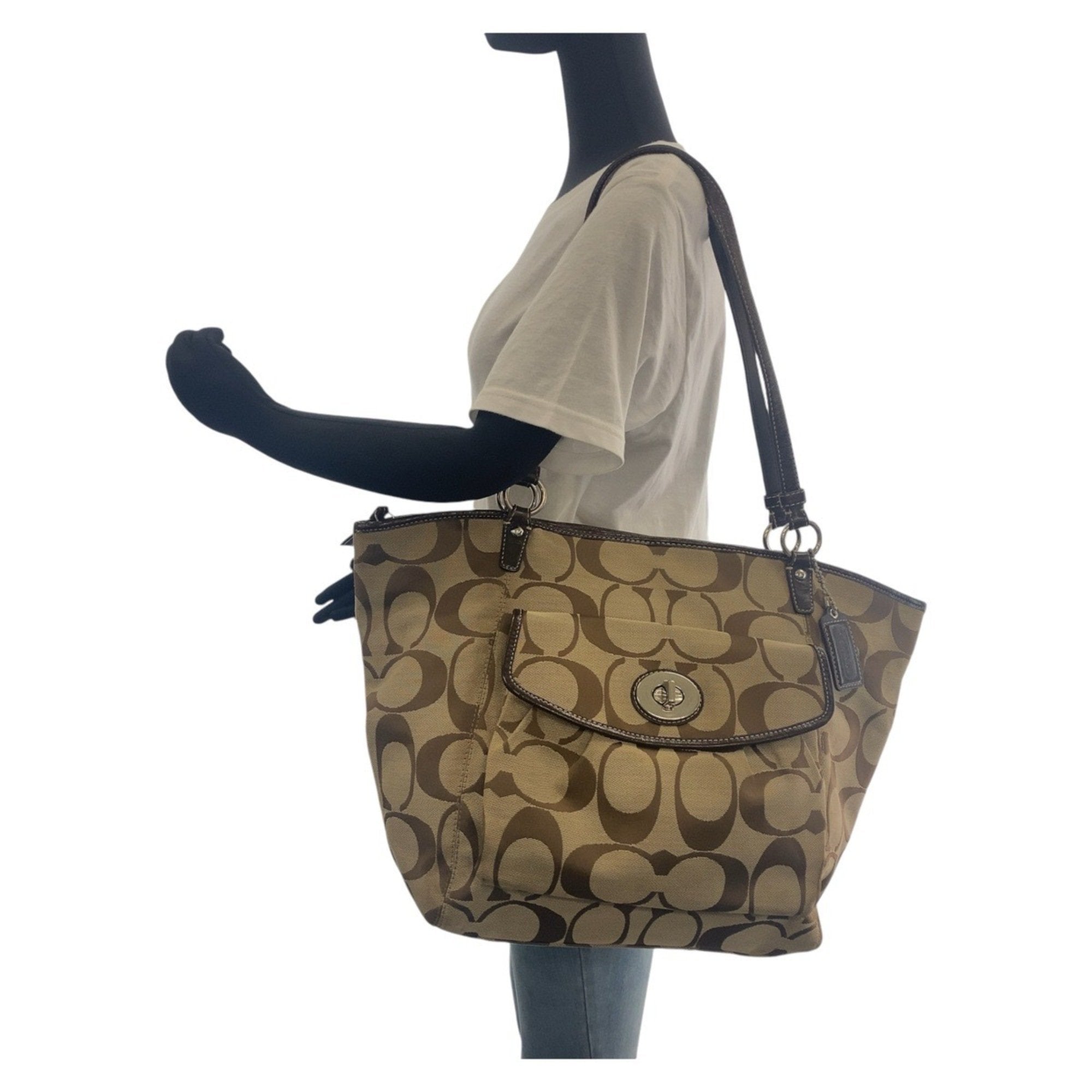 Coach Beige Brown Canvas Leather Shoulder Bag Tote Bag (Pre-Owned)
