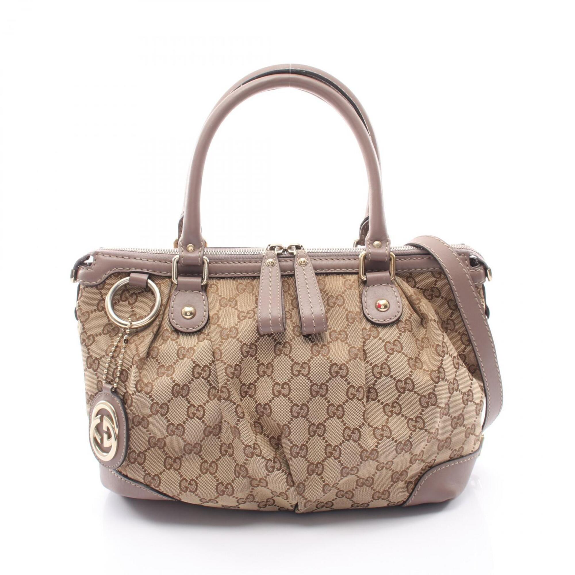 Gucci Beige Gray Canvas Leather Handbag (Pre-Owned)