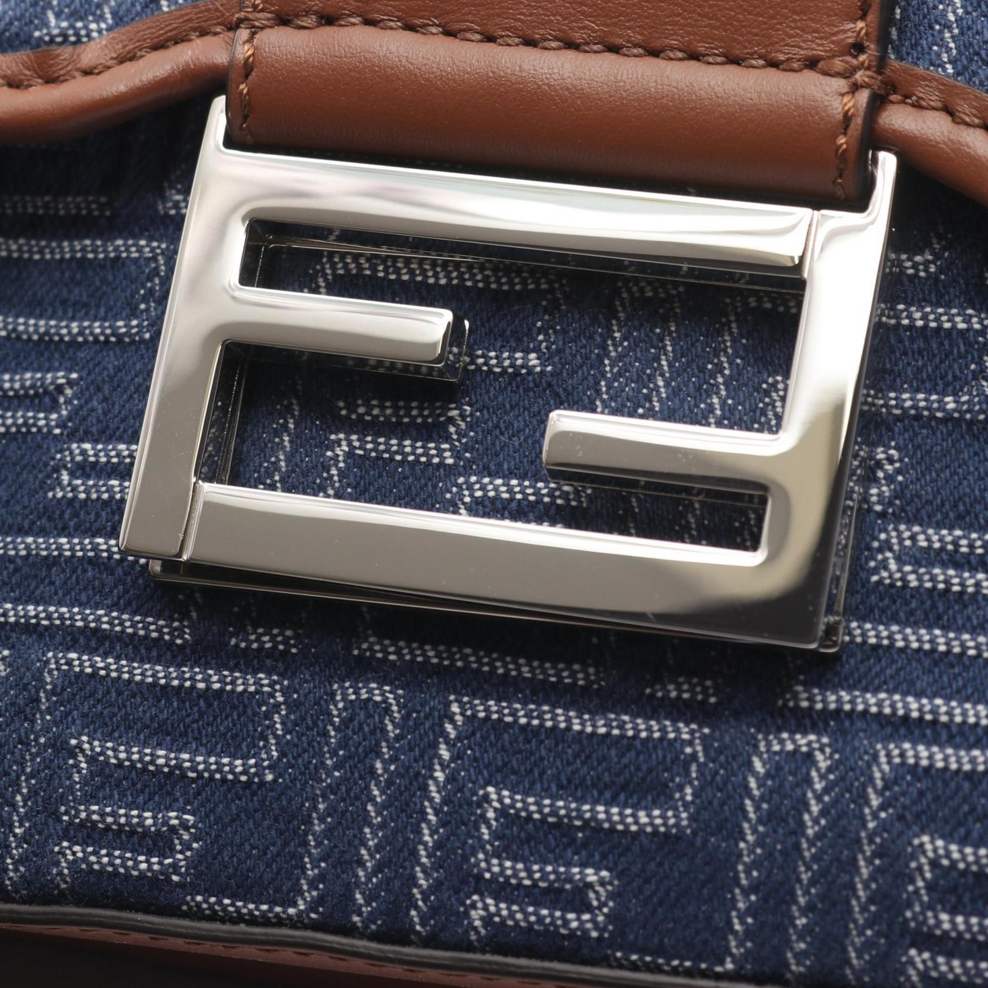 Fendi Brown Navy Canvas Leather Shoulder Bag (Pre-Owned)