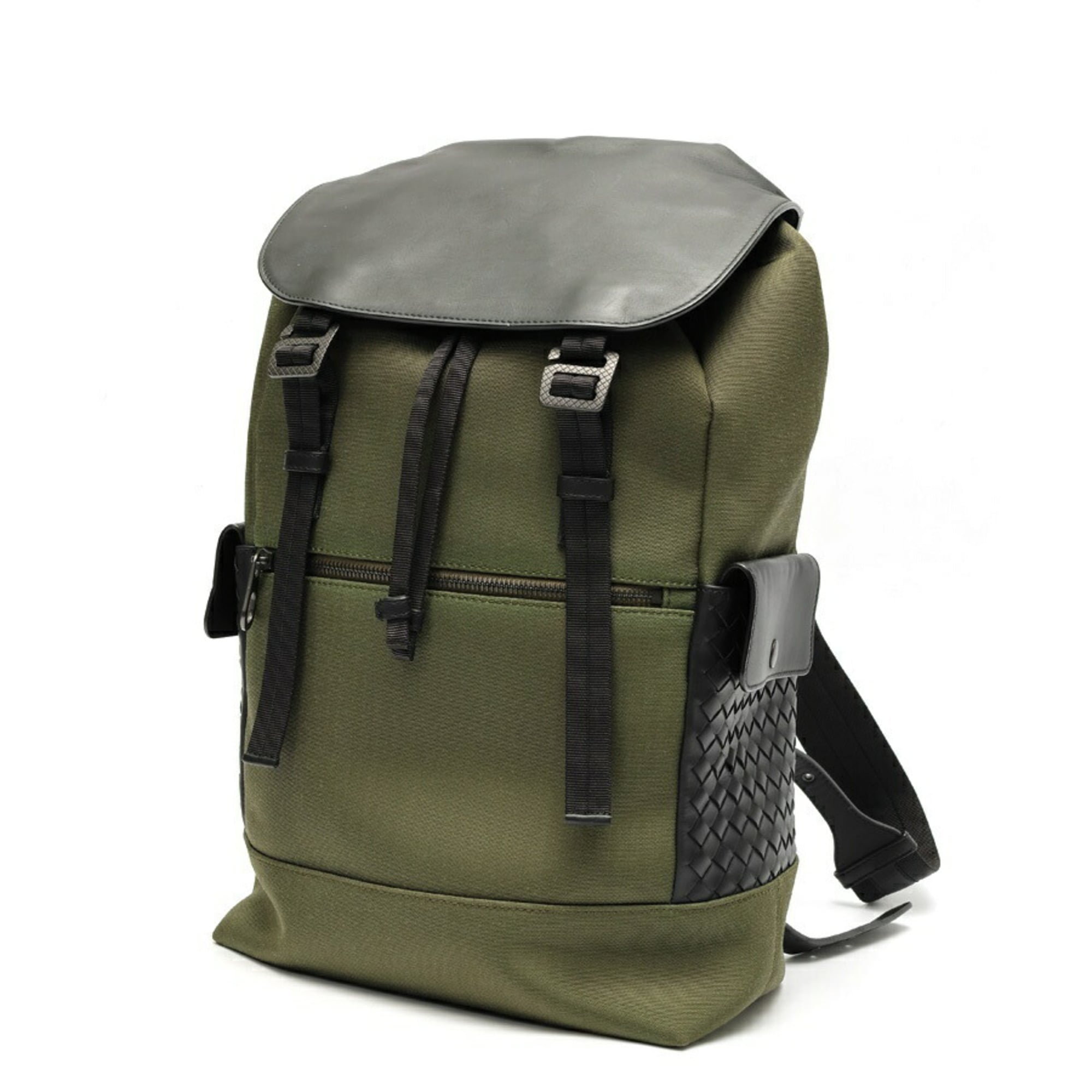 Bottega Veneta Black Khaki Nylon Leather Backpack (Pre-Owned)
