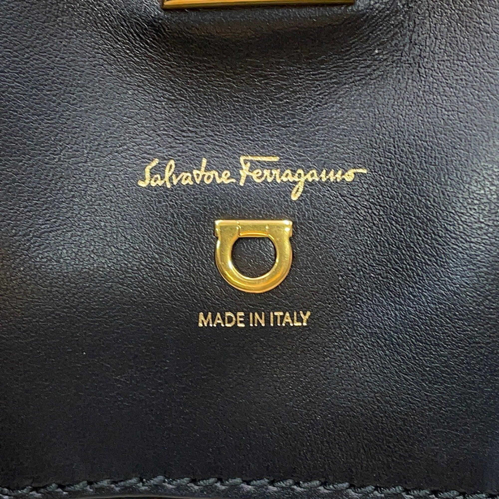 Salvatore Ferragamo Beige Black Canvas Leather Handbag Pouch Tote Bag (Pre-Owned)