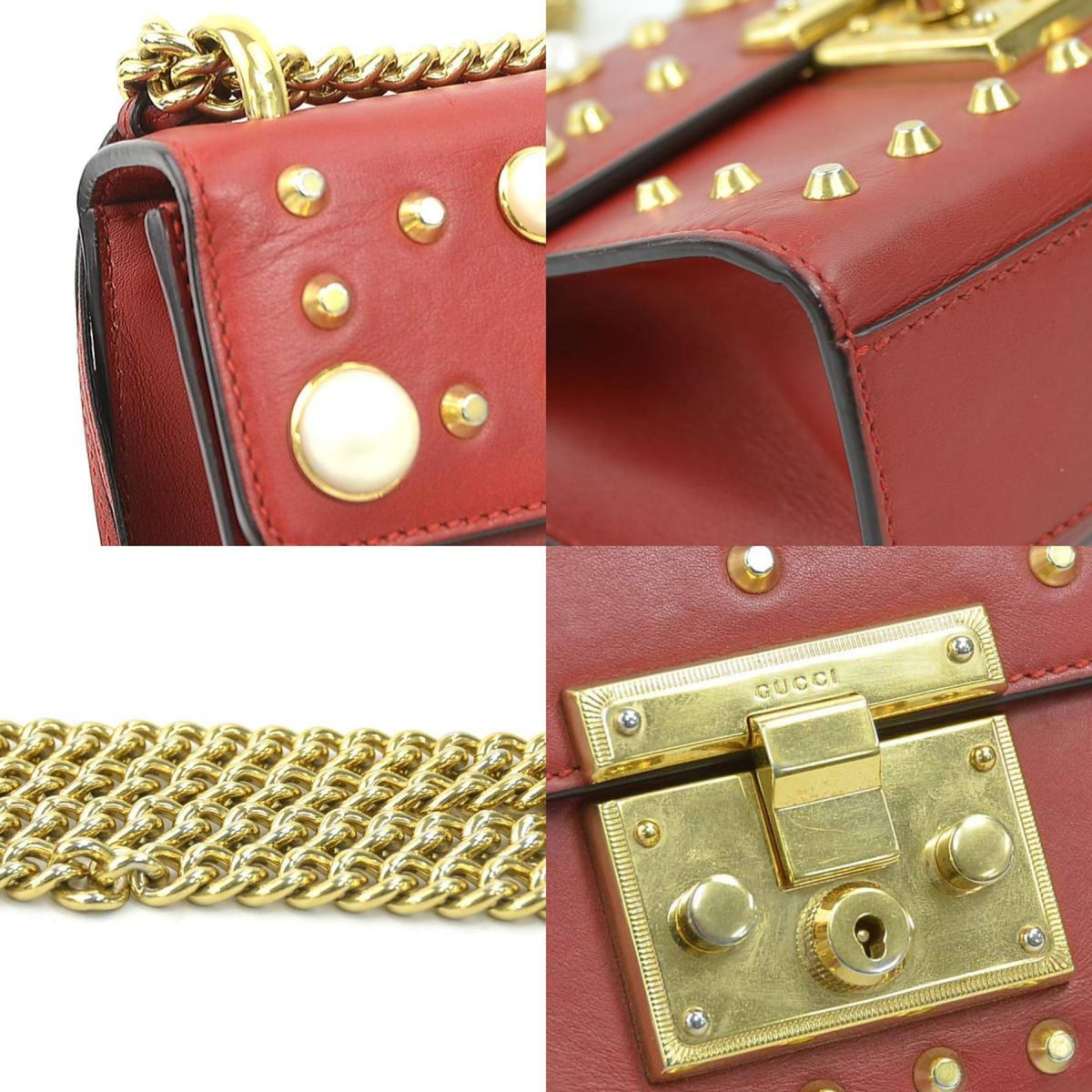 Gucci Red Color Leather Artificial Pearl Metal Shoulder Bag (Pre-Owned)