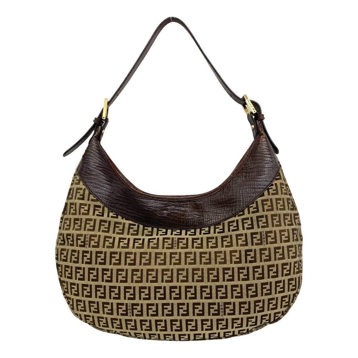 Fendi Brown Khaki Leather Canvas Shoulder Bag (Pre-Owned)