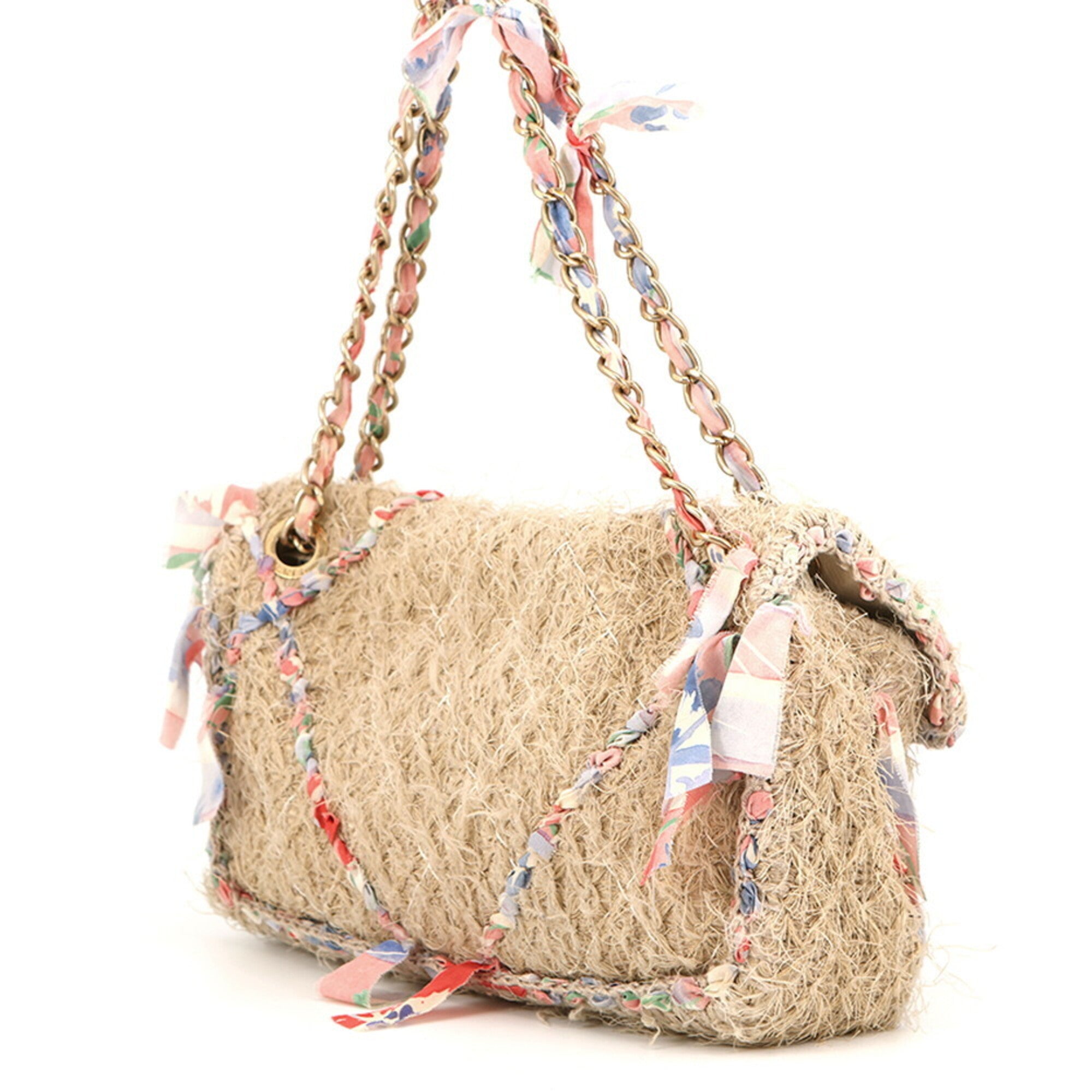 Chanel Beige Multi-Color Raffia Handbag Shoulder Bag (Pre-Owned)