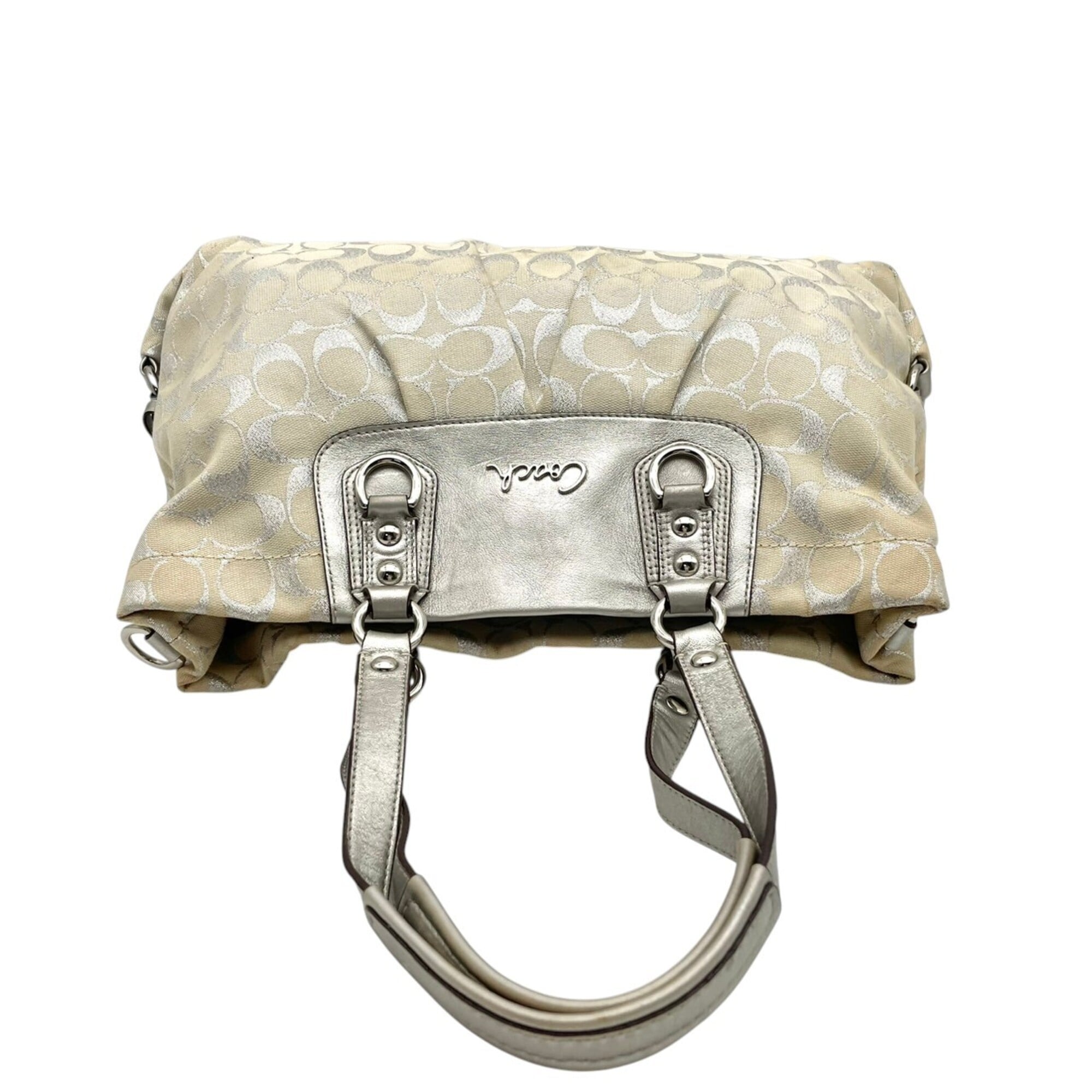 Coach Ivory Silver Canvas Leather Handbag Shoulder Bag Tote Bag (Pre-Owned)
