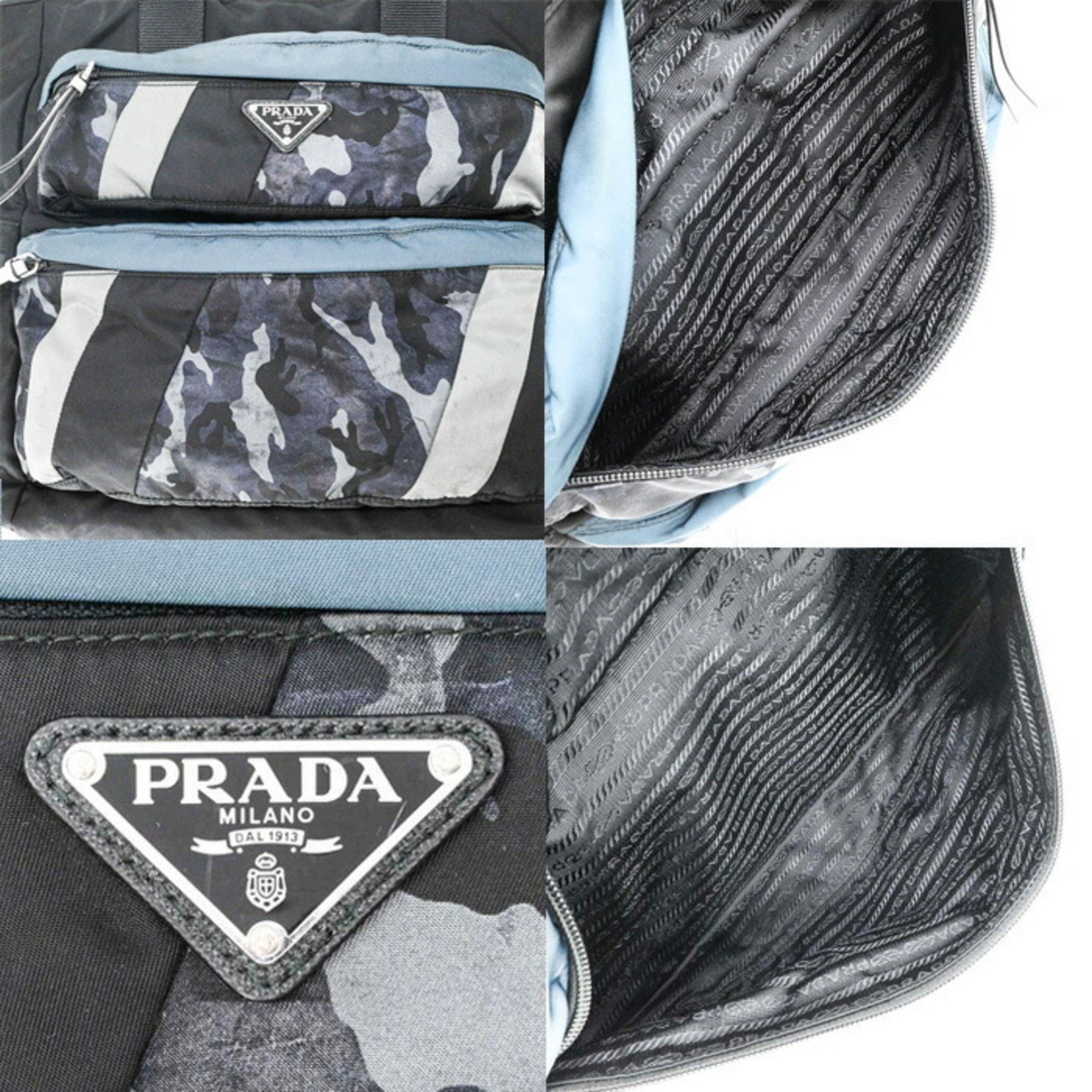 Prada Black Blue Canvas Handbag Tote Bag (Pre-Owned)
