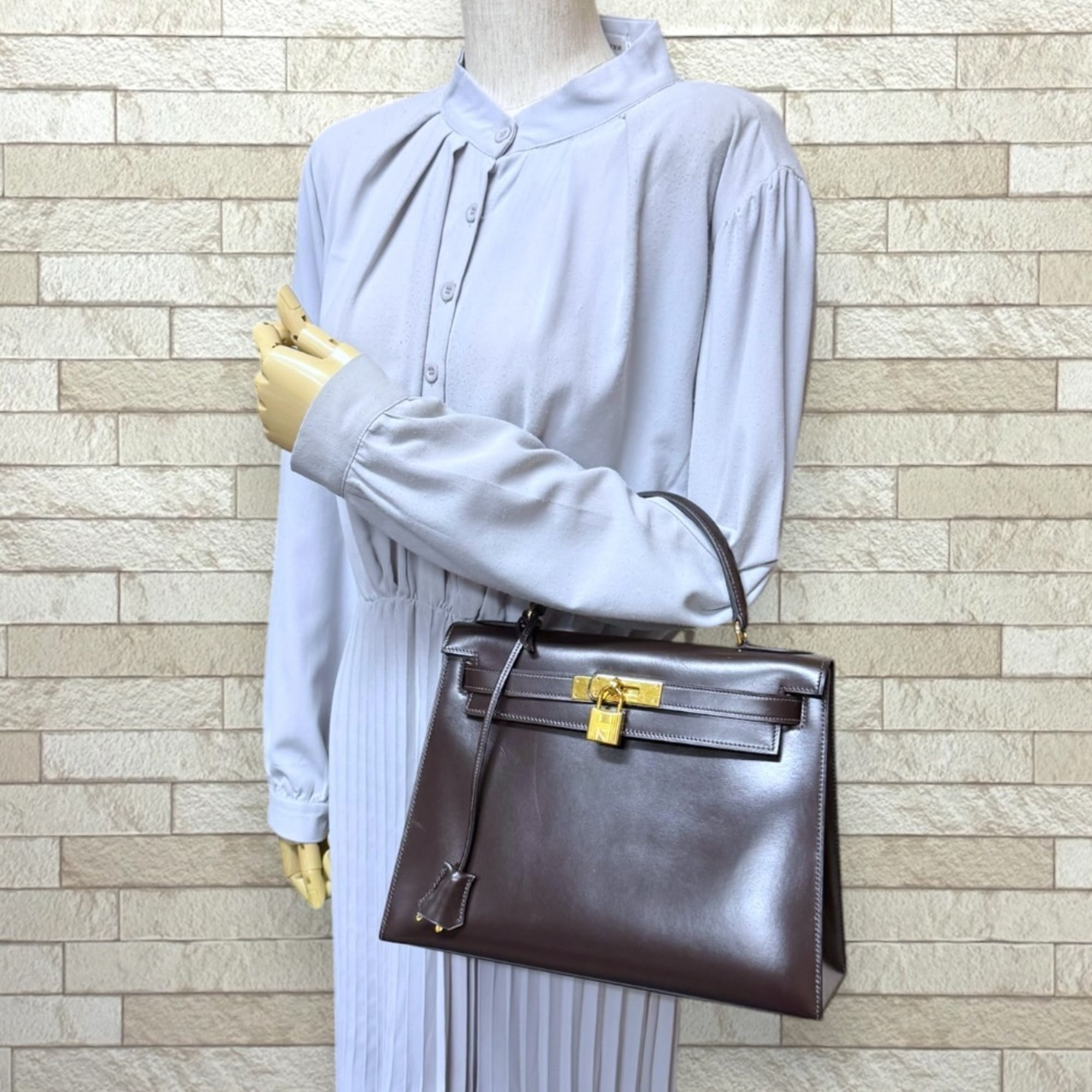 Hermes Brown Dark Brown Box Calf Leather Handbag (Pre-Owned)
