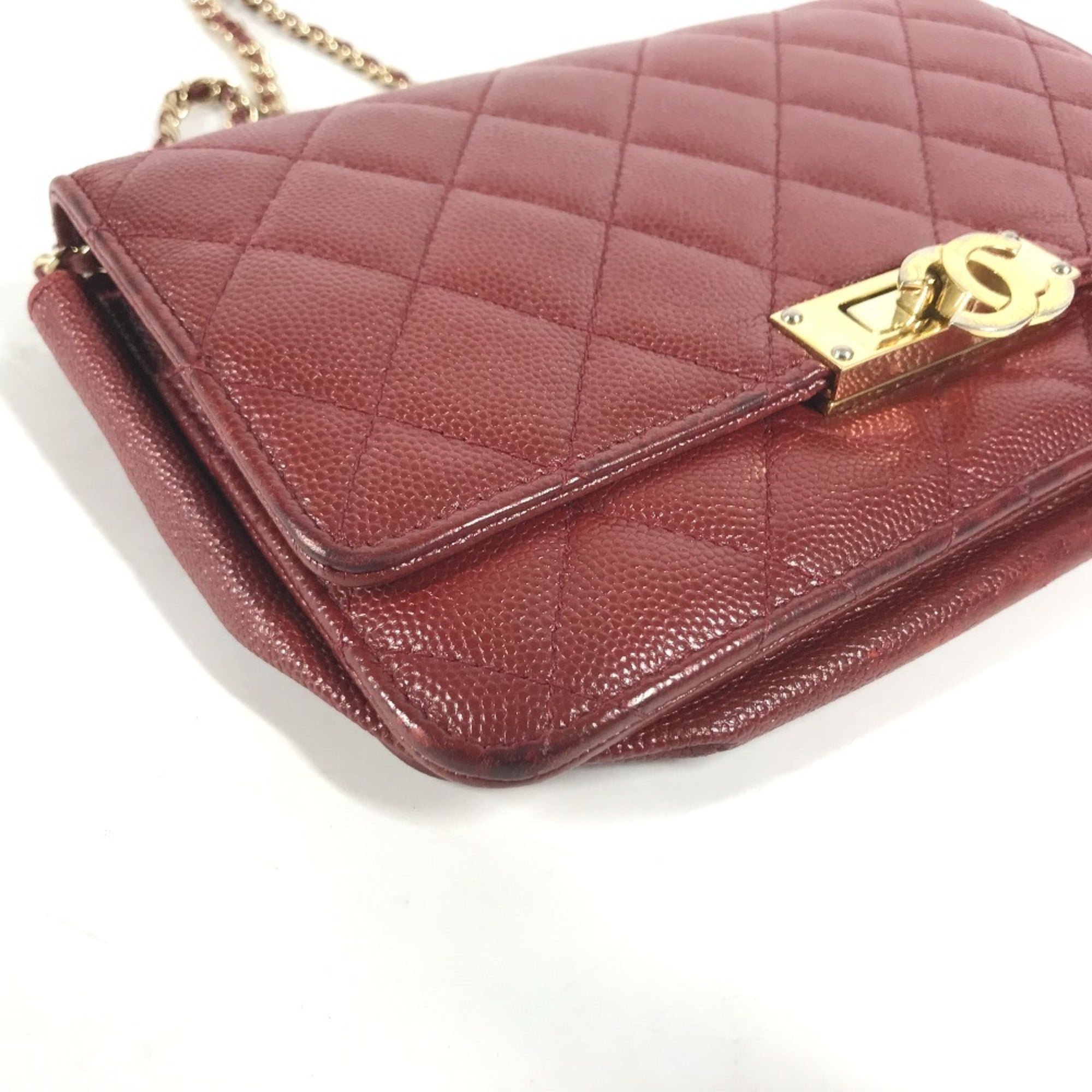 Chanel Red Color Grained Calfskin Chain/Shoulder Wallet (Pre-Owned)