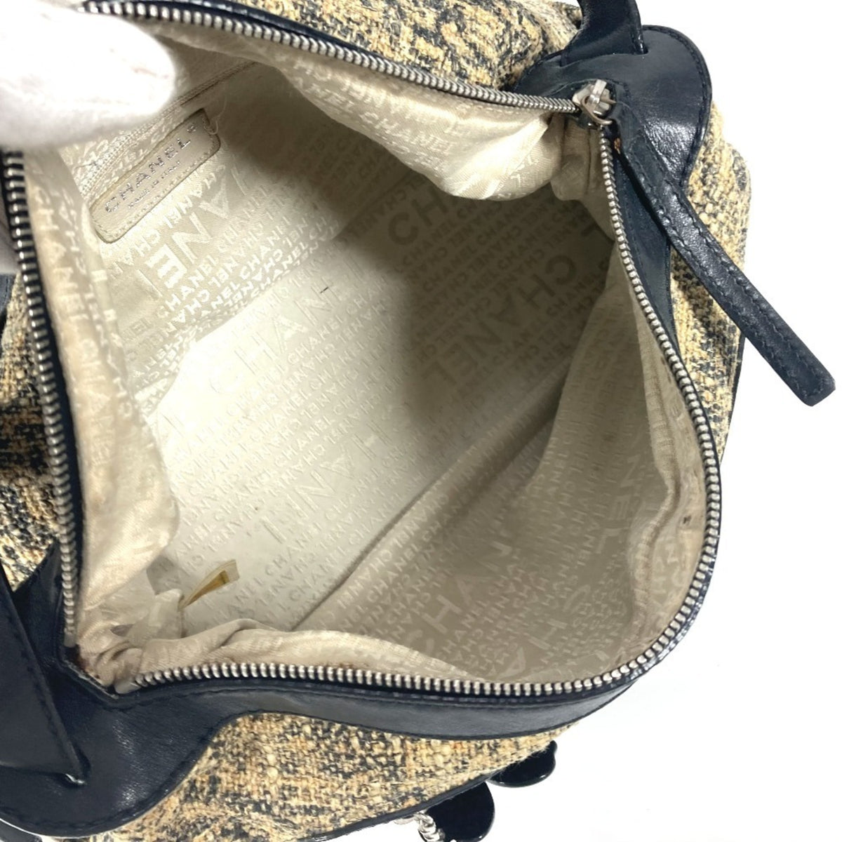 Chanel Beige Black Yellow Canvas Leather Shoulder Bag (Pre-Owned)