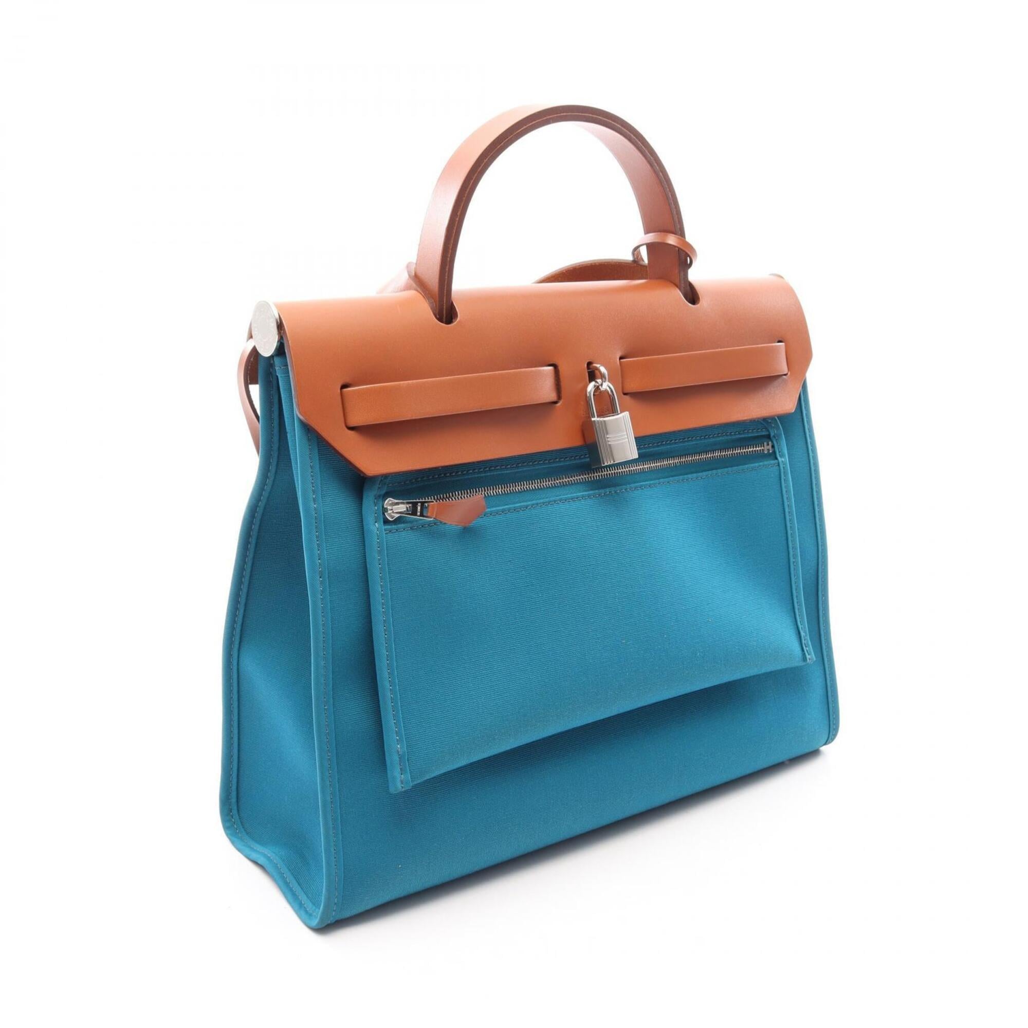 Hermes Blue Brown Canvas Toile Officier Handbag (Pre-Owned)