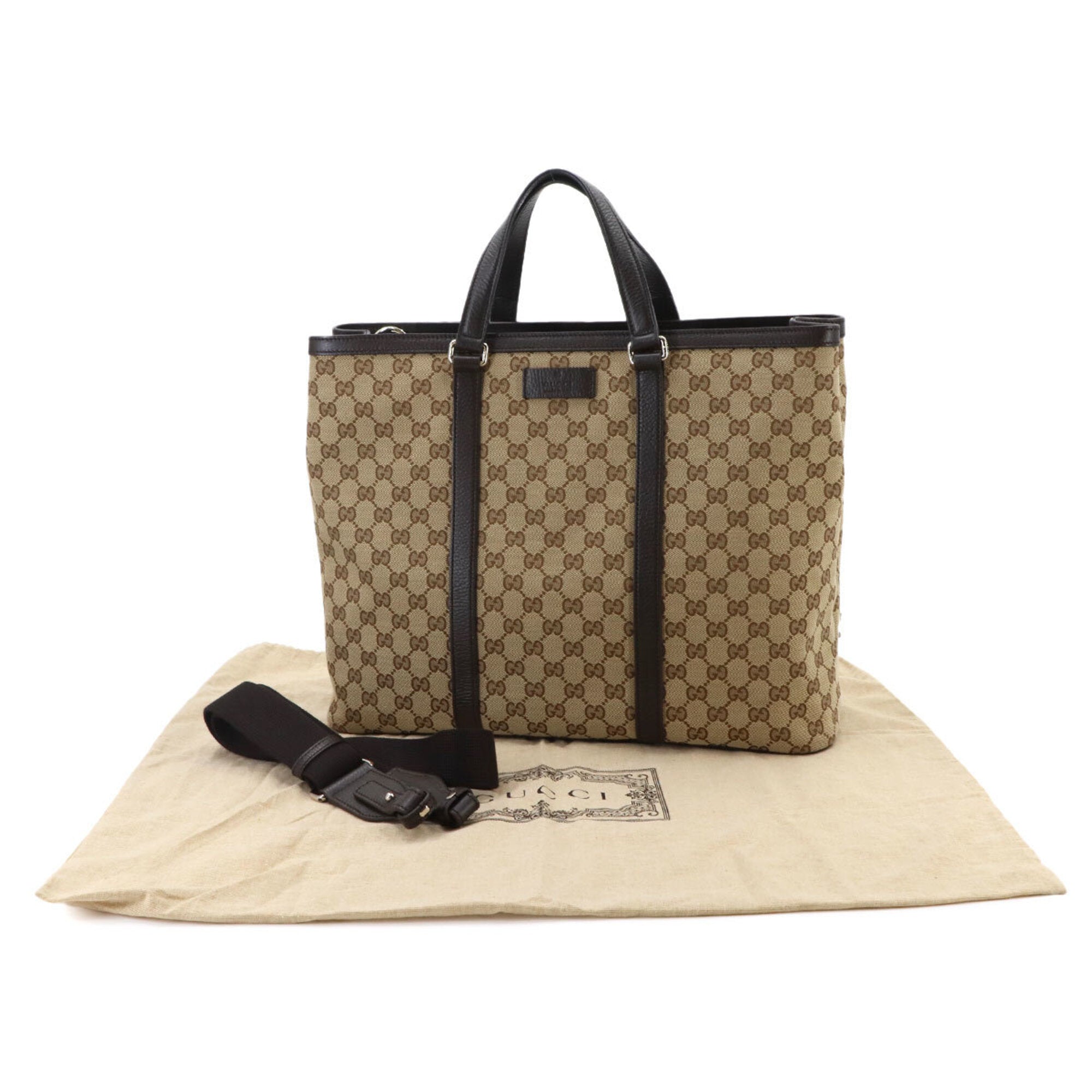 Gucci Gg Canvas Beige Brown Gg Canvas Leather Handbag Shoulder Bag Tote Bag (Pre-Owned)