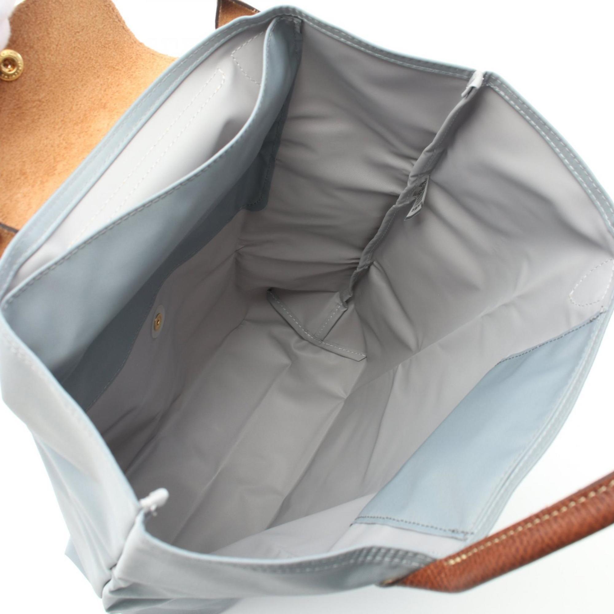 Longchamp Blue Brown Nylon Leather Shopping Bag Tote Bag (Pre-Owned)