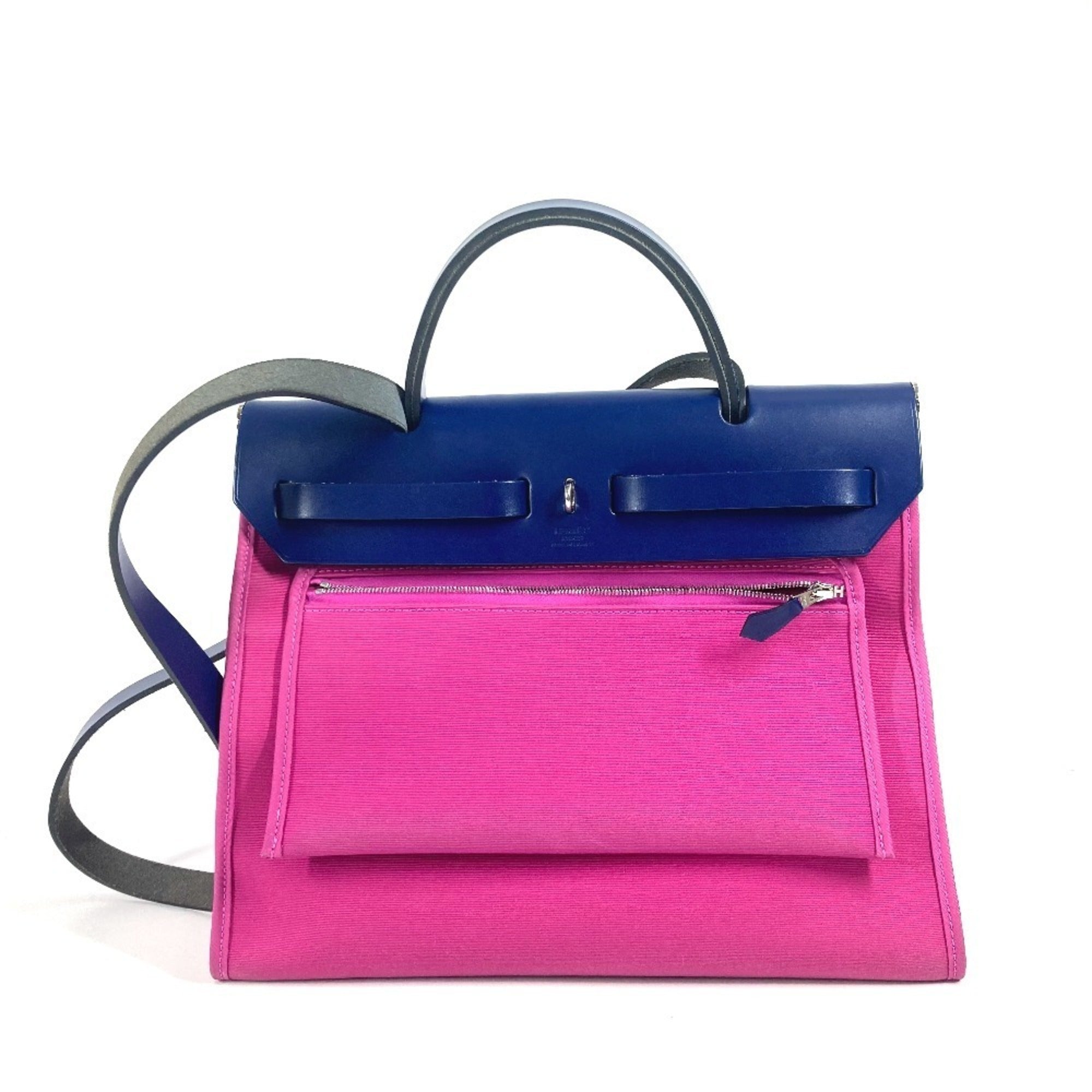 Hermes Blue Pink Toile Officier Vache Leather Handbag Shoulder Bag (Pre-Owned)