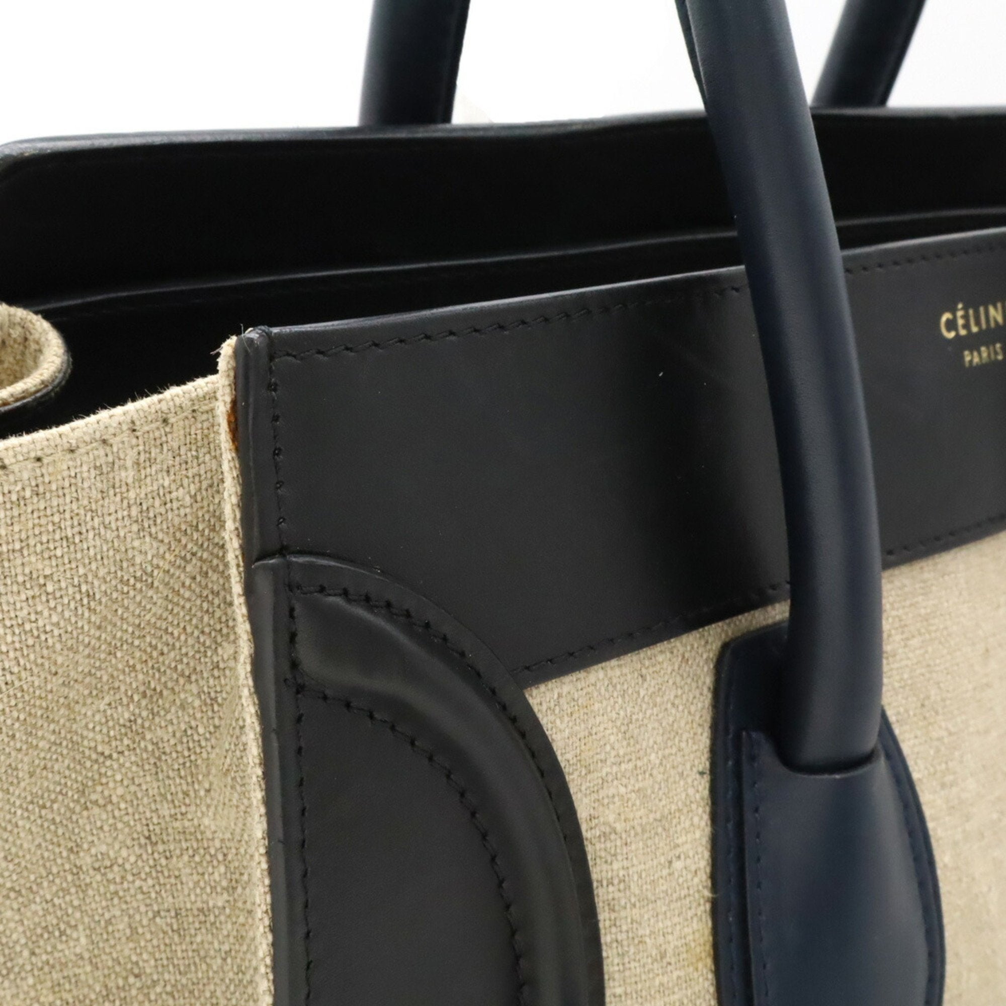 Celine Beige Black Navy Linen Leather Handbag Tote Bag (Pre-Owned)