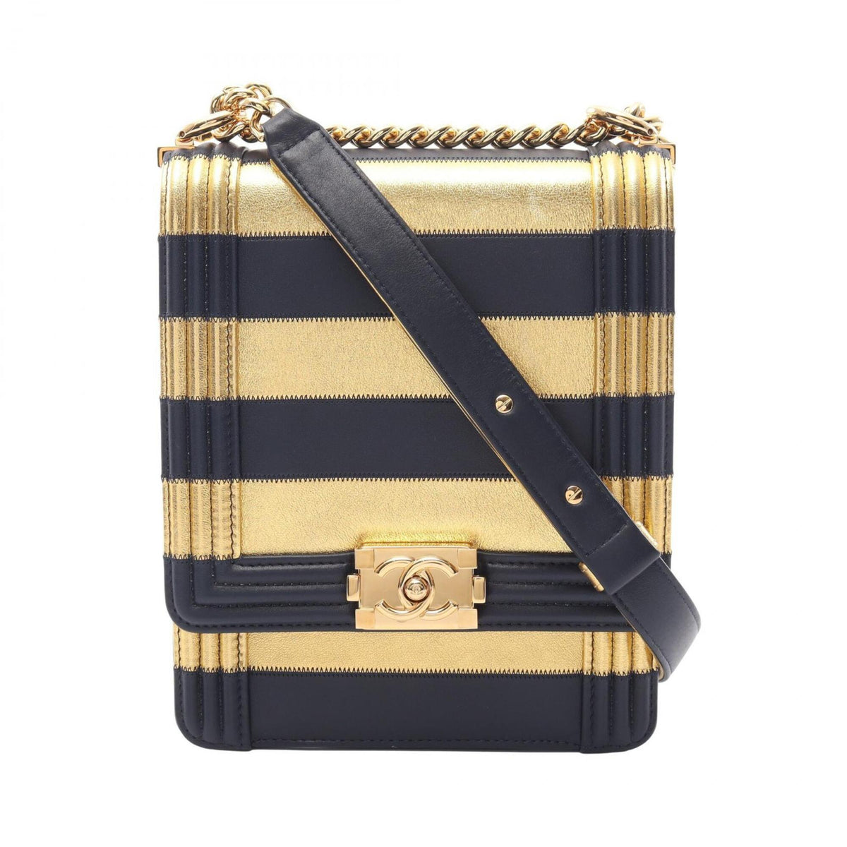 Chanel Gold Navy Leather Handbag Shoulder Bag (Pre-Owned)