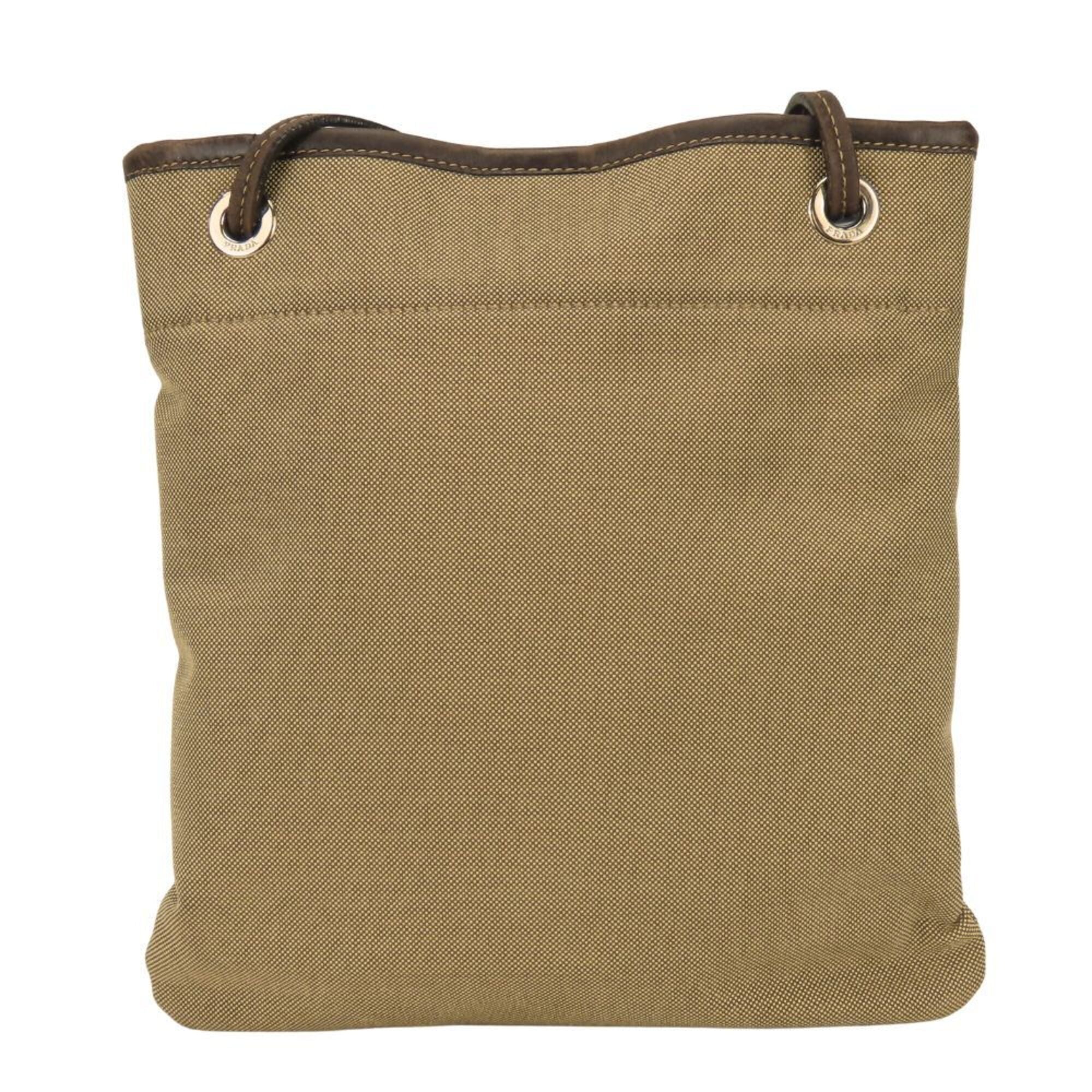 Prada Beige Brown Canvas Leather Shoulder Bag (Pre-Owned)