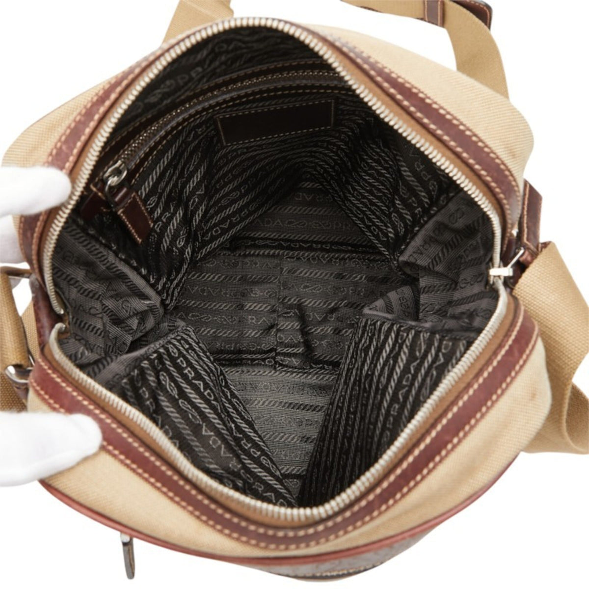 Prada Beige Brown Canvas Leather Shoulder Bag (Pre-Owned)
