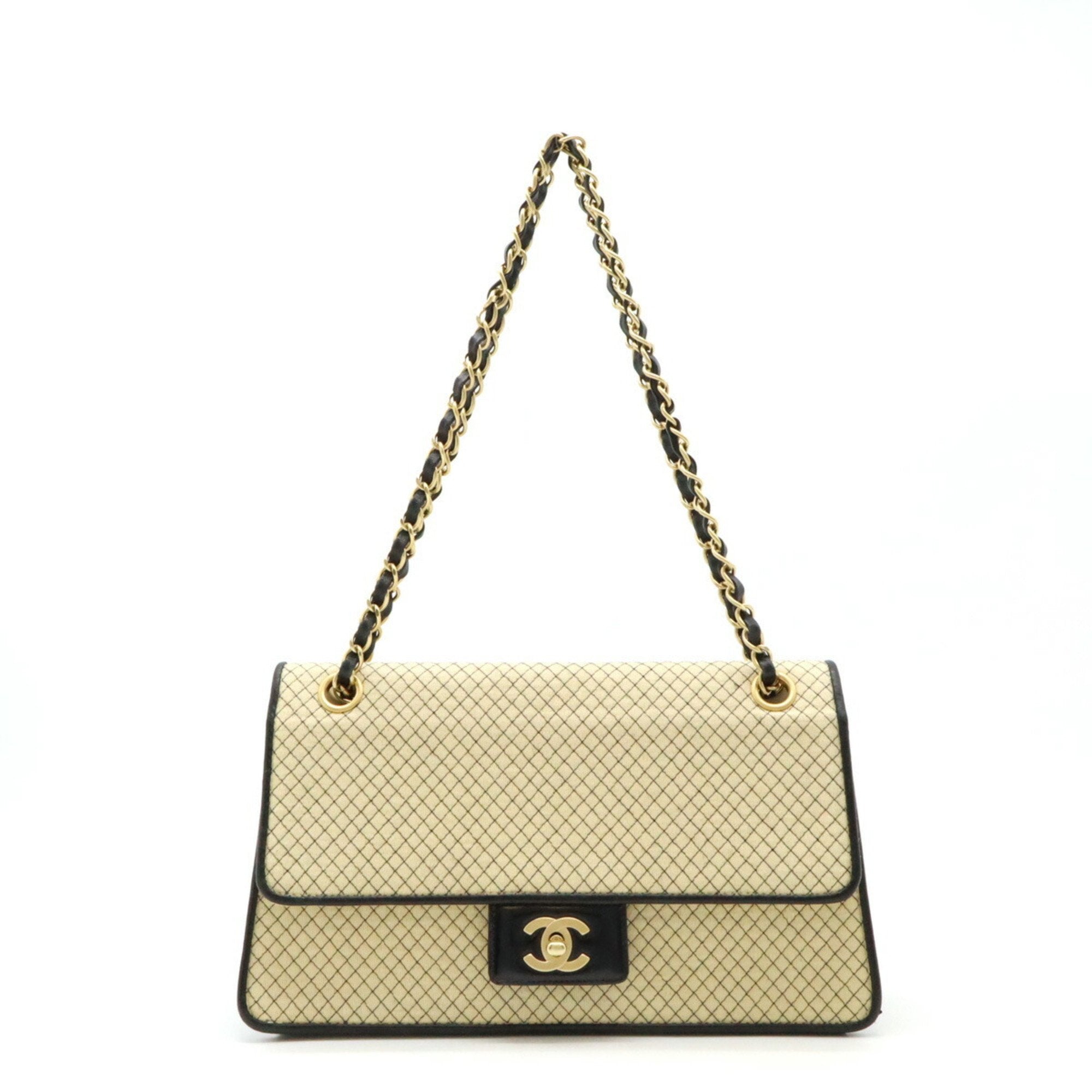 Chanel Beige Black Jersey Leather Shoulder Bag (Pre-Owned)
